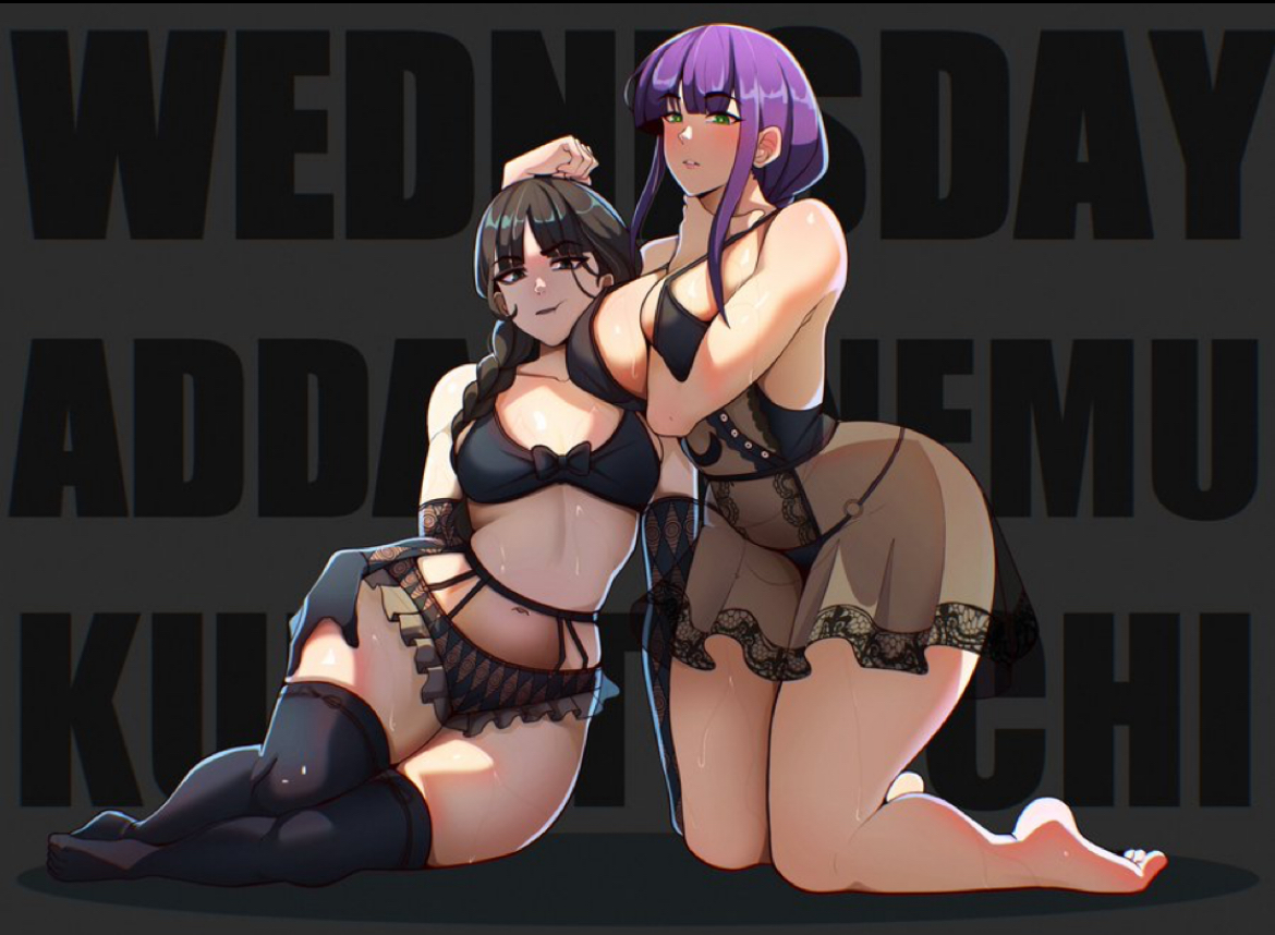 2girls, big breasts, big thighs, black clothing, black hair, bleach, bleach: the thousand-year blood war, breast size difference, busty, busty female, cleavage, cleavage overflow, crossover, curvy body, curvy female, cute, cute face, different breast sizes, feet, female, female only, flat chest, flat chested, goth, goth girl, green eyes, hand between breasts, hand on head, hand on hip, head on breasts, kneeling, kneeling female, kurotsuchi nemu, lingerie, lixiart, looking at viewer, multiple girls, pale skin, pale-skinned female, petite body, petite female, posing, posing for the viewer, purple hair, revealing, revealing breasts, see-through clothing, sexy, sexy body, sexy clothing, sexy pose, skimpy clothes, small breasts, the addams family, thick legs, thick thighs, thighs, wednesday addams, wide hips, wide thighs