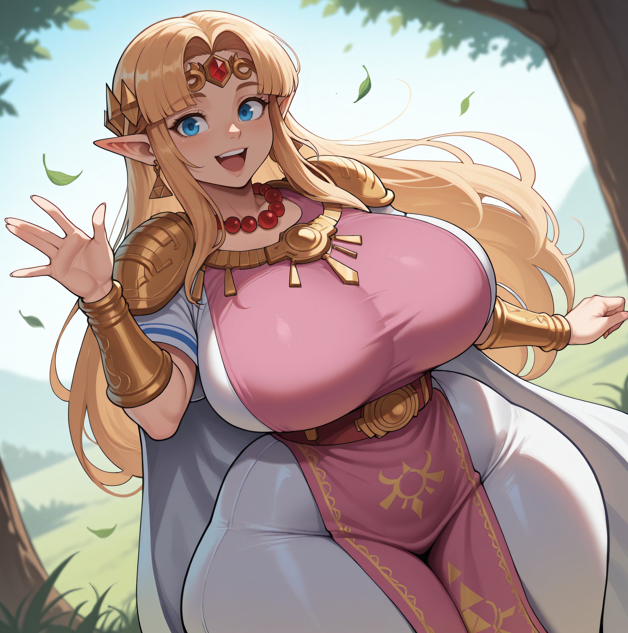 1girls, a link between worlds, a link to the past, ai generated, big breasts, blonde hair, blue eyes, curvaceous, curvy female, female, female only, hand wave, hourglass figure, hylian, hylian ears, large breasts, light skin, light-skinned female, long hair, looking at viewer, nintendo, outdoors, princess zelda, smogai, standing, the legend of zelda, thick, thick thighs, tight clothing, voluptuous, voluptuous female, waving at viewer, wide hips, zelda (a link between worlds), zelda (a link to the past)