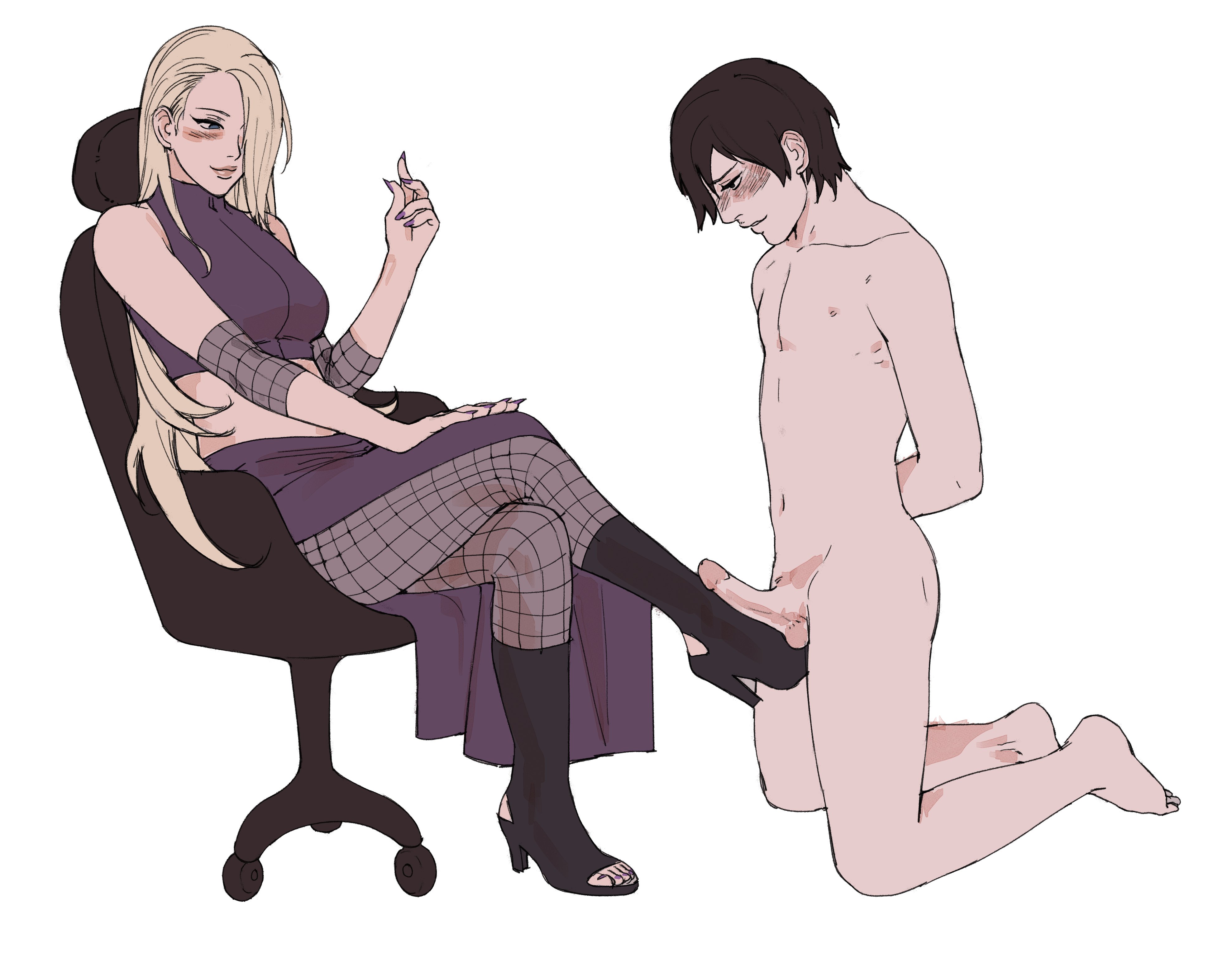 1boy, 1boy1girl, 1girls, absolutely nothing on, absurd res, absurdres, arms behind back, balls, bare shoulders, barefoot, black eyes, black hair, blonde hair, blue eyes, blush, boot fetish, bootjob, boots, boruto: naruto next generations, canon couple, clothed, clothed female nude male, clothing, completely naked male, completely nude male, couple, crop top, crossed legs, dominant female, duo, duo focus, elbow sleeve, erection, feet on penis, female, femdom, foot fetish, foot play, footjob, footjob with one foot, footjob with shoes, footwear, fully clothed, fully clothed female, grinding, grinding on penis, hair over one eye, heel boots, hi res, high heel boots, high quality, high resolution, highres, husband and wife, ino yamanaka, knee boots, kneehighs, kneeling, legs crossed, legwear, light skin, light-skinned female, light-skinned male, lips, lipstick, long fingernails, long hair, long nails, long skirt, looking at partner, looking down, looking pleasured, makeup, male, malesub, married couple, messy hair, nail polish, naked, naruto, naruto (series), naruto shippuden, naruto: the last, nude, nude male, on knees, only one naked, open toe shoes, outercourse, painted nails, pale skin, pale-skinned female, pale-skinned male, pantyhose, penis, penis on feet, pink lips, pink lipstick, pleasure face, purple nail polish, purple nails, sai, sex, shoejob, shonen jump, shounen jump, shueisha, sitting, sitting on chair, skirt, straight, submissive male, teasing, teasing penis, testicles, toes, very high resolution, weekly shonen jump, weekly shounen jump, white background, wipafterhours, yamanaka ino
