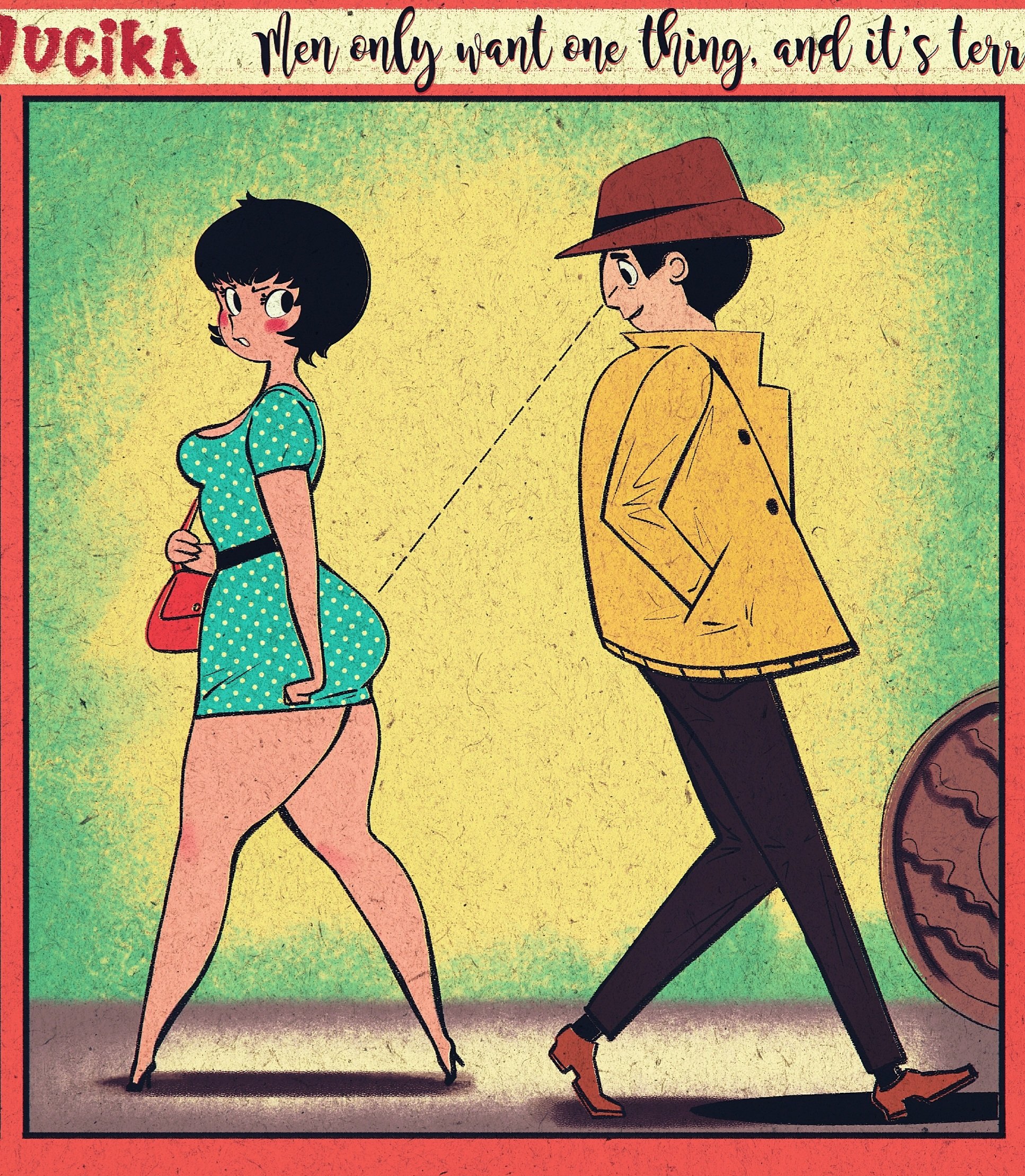 1boy, 1girls, 2025, annoyed, annoyed expression, big ass, black hair, caught in the act, caught staring, female, jpeg, jucika, jucika (comic), lemarreart, male, staring at ass, thick thighs