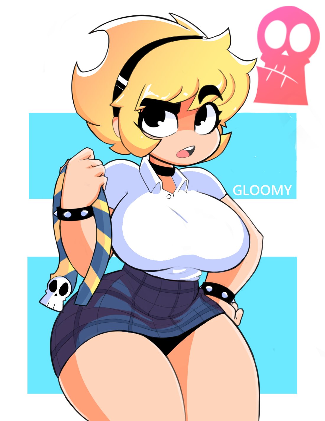 1girls, big breasts, blonde hair, breasts, busty female, cartoon network, cartoony, clothed, gloomyacid, grim (billy and mandy), headband, mandy (billy and mandy), school uniform, short hair, short skirt, simple background, skirt, skull, solo, solo female, the grim adventures of billy and mandy, thick thighs, wrist cuffs