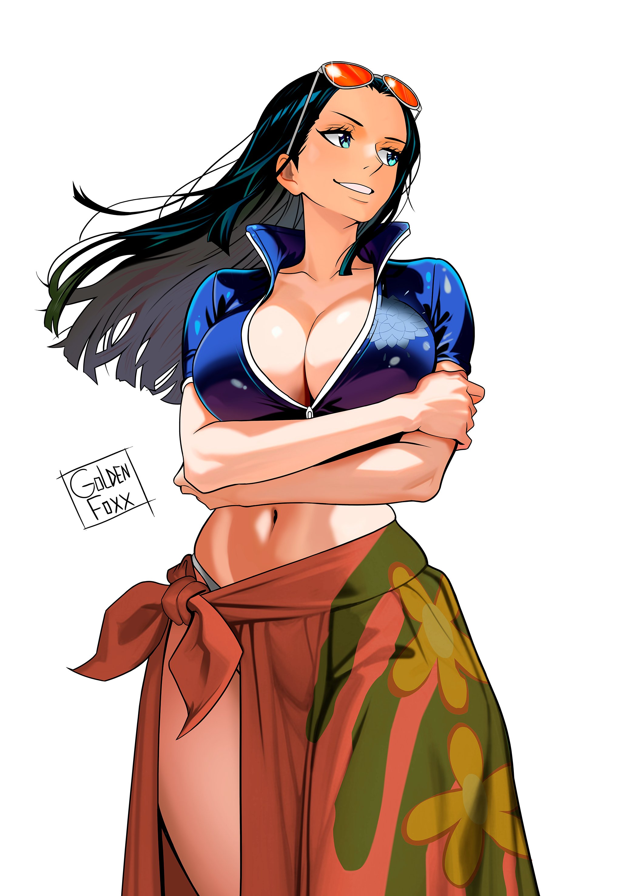 1girls, absurdres, artist name, black hair, black-haired female, blue eyes, blue jacket, breasts, cleavage, commentary, cropped jacket, crossed arms, english commentary, eyewear on head, female, female only, floating hair, goldenfoxx, grin, highres, jacket, large breasts, long hair, navel, nico robin, one piece, orange-tinted eyewear, pink sarong, sarong, smile, solo, strained zipper, sunglasses, tinted eyewear, zipper