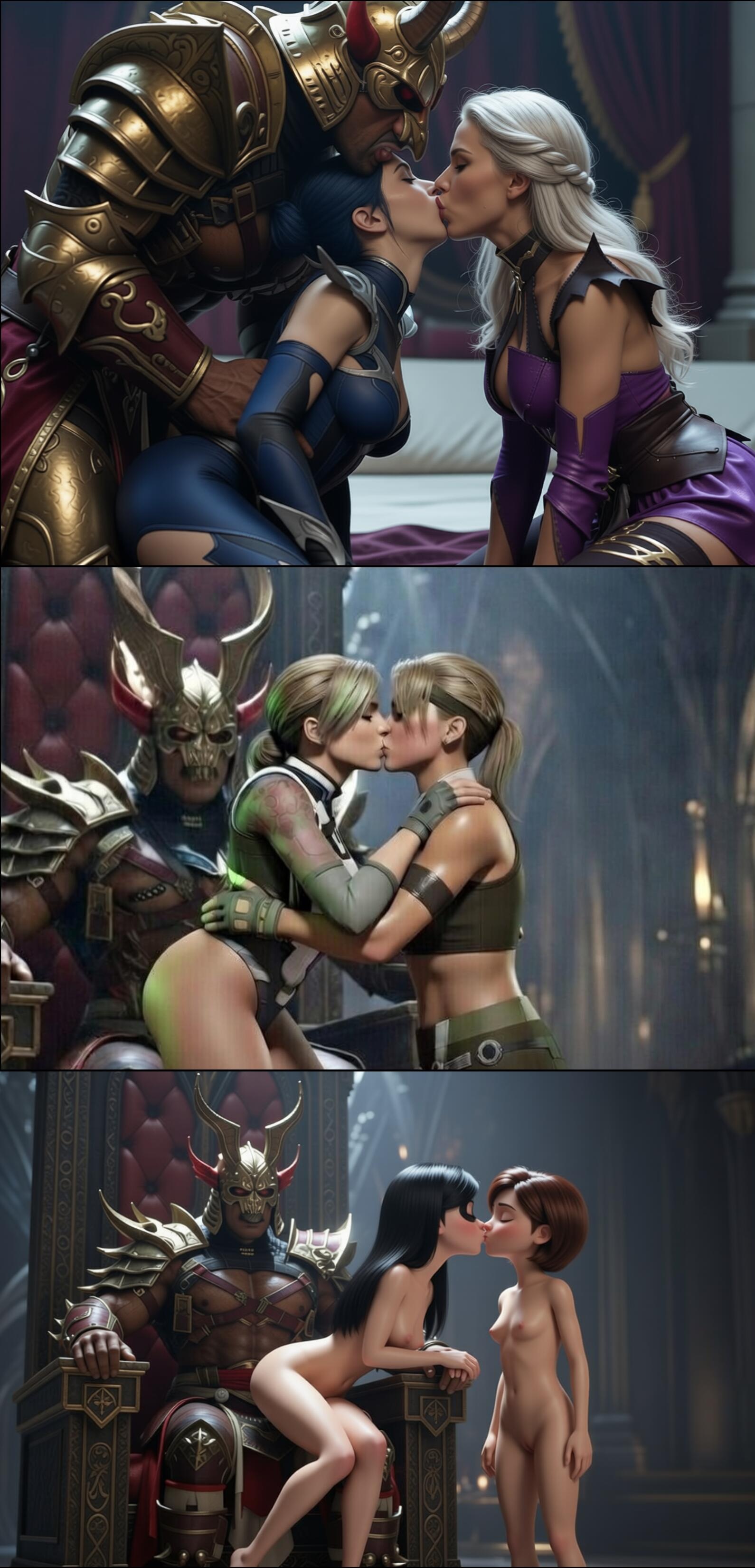ai generated, cassie cage, conjugal slavery, elastigirl, helen parr, incest, kitana, lesbian kiss, mortal kombat, mortal kombat 11, mother and daughter, sex slave, shao kahn, sindel, sonya blade, the incredibles, violet parr