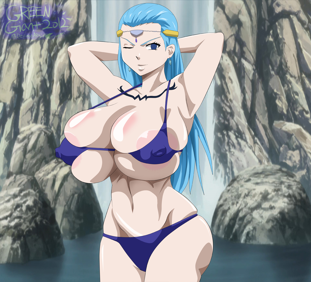 1girls, 2012, aqua hair, aquarius (fairy tail), areola, arms behind head, ass, bare shoulders, bikini, blue eyes, blue hair, blue panties, breasts, bursting breasts, busty, cleavage, earrings, erect nipples, fairy tail, female, female only, greengiant2012, hips, hourglass figure, huge breasts, huge nipples, human, large areolae, large breasts, lipstick, long hair, looking at viewer, nipple bulge, nipples, one eye closed, panties, puffy nipples, rock, shiny, shiny skin, solo, standing, stomach, tattoo, tiara, tight clothing, voluptuous, water, waterfall, wink