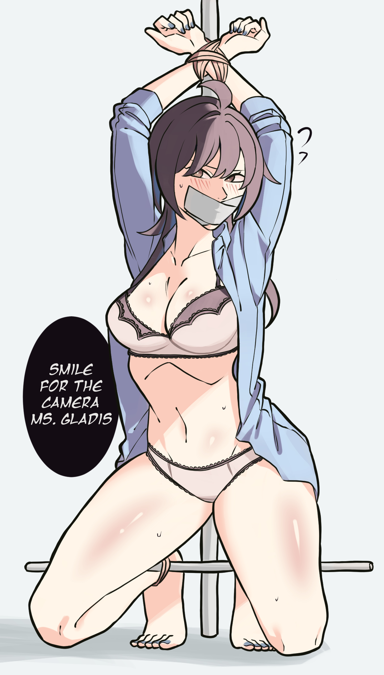 arms above head, blush, bondage, bra, bra and panties, button down shirt, dark hair, nayumika, painted nails, panties, rope, tape, tape gag, taped mouth, tied to pole, tied up
