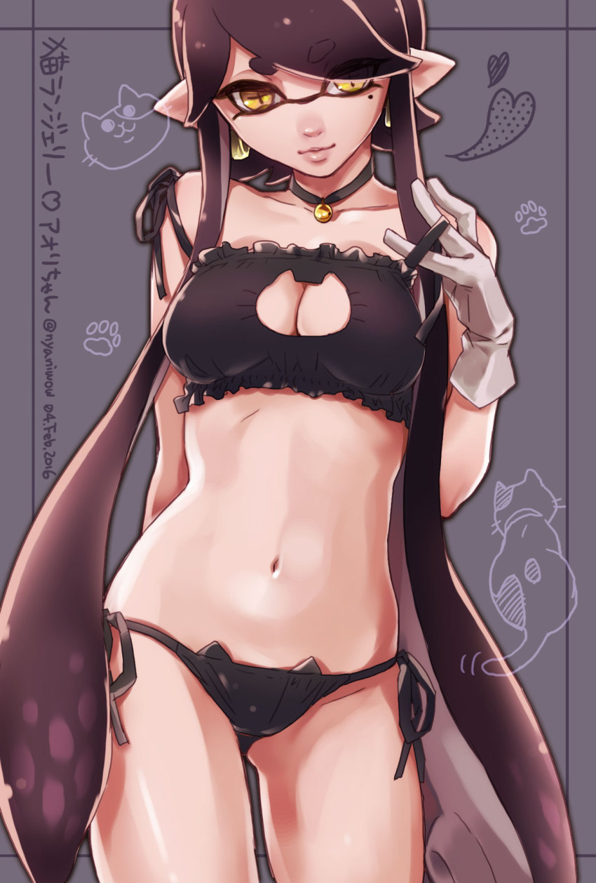 1girls, beauty mark, bell, bell choker, black bra, black hair, black lingerie, black panties, bra, breasts, brown hair, callie (splatoon), cat bell, cat keyhole bra, cat keyhole lingerie, cat lingerie, choker, cleavage, cleavage cutout, earrings, female, female only, gloves, inkling, inkling girl, large breasts, lingerie, long hair, looking at viewer, midriff, mole, mole under eye, navel, nintendo, nyani, panties, pointy ears, side-tie panties, smooth skin, solo, splatoon, splatoon (series), squid sisters, standing, tentacle hair, twintails, yellow eyes