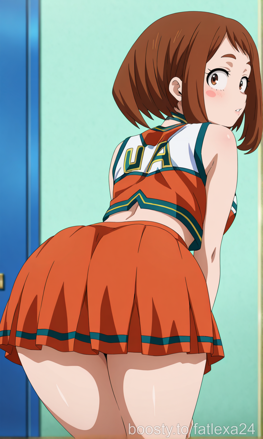 ai generated, ass, brown eyes, brown hair, cheerleader, cheerleader uniform, my hero academia, ochako uraraka, skirt, thighs, uraraka ochako