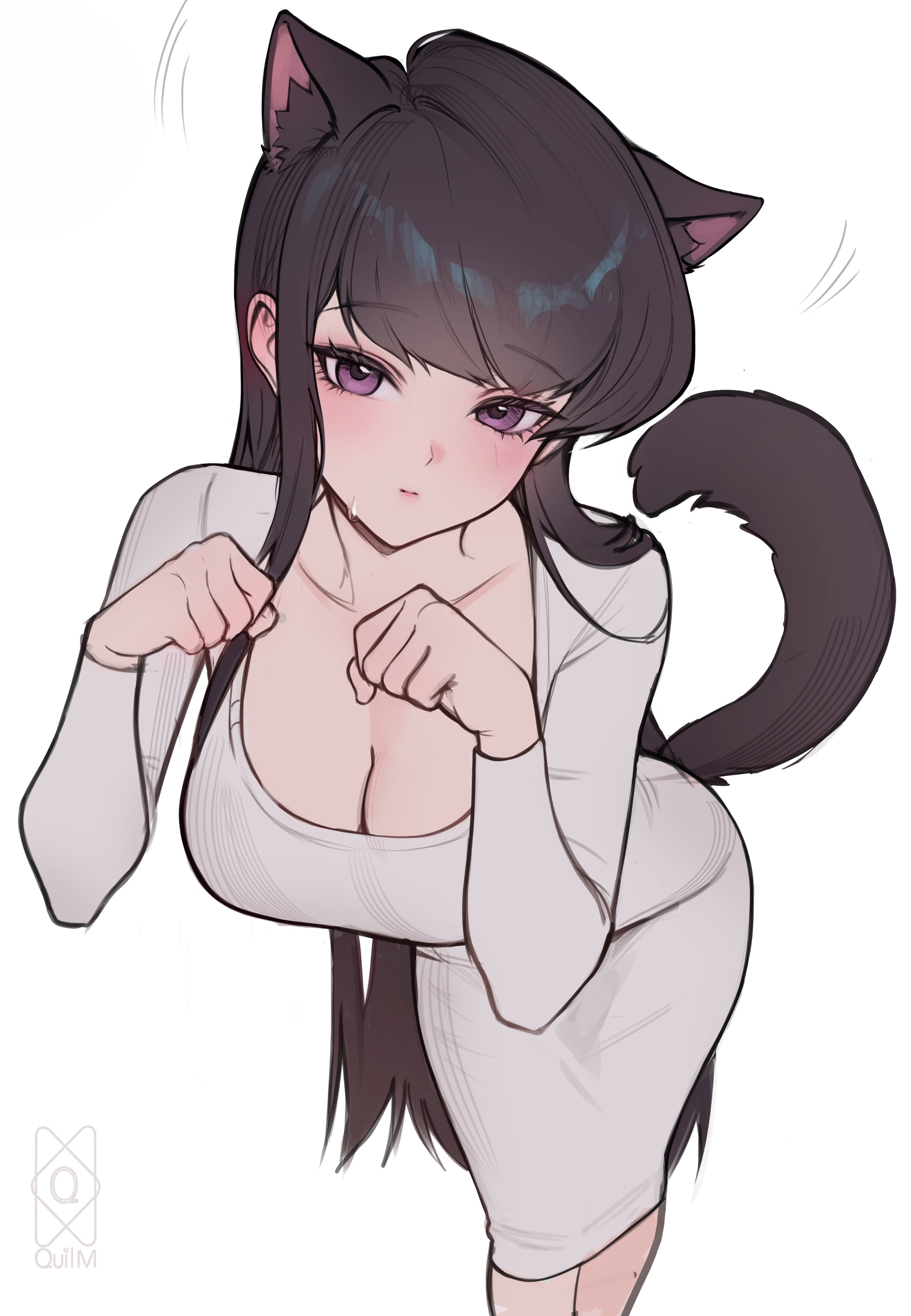 1girls, absurdres, animal ears, artist logo, big breasts, black eyes, black hair, blush, breasts, cat ears, cat tail, cleavage, closed mouth, commentary, dongtan dress, dress, female, female only, grey dress, hands up, highres, kemonomimi mode, komi shouko, komi-san wa komyushou desu, large breasts, leaning forward, logo, long hair, long sleeves, paw pose, quilm, simple background, solo, standing, tail, tight clothes, tight dress, very long hair, white background