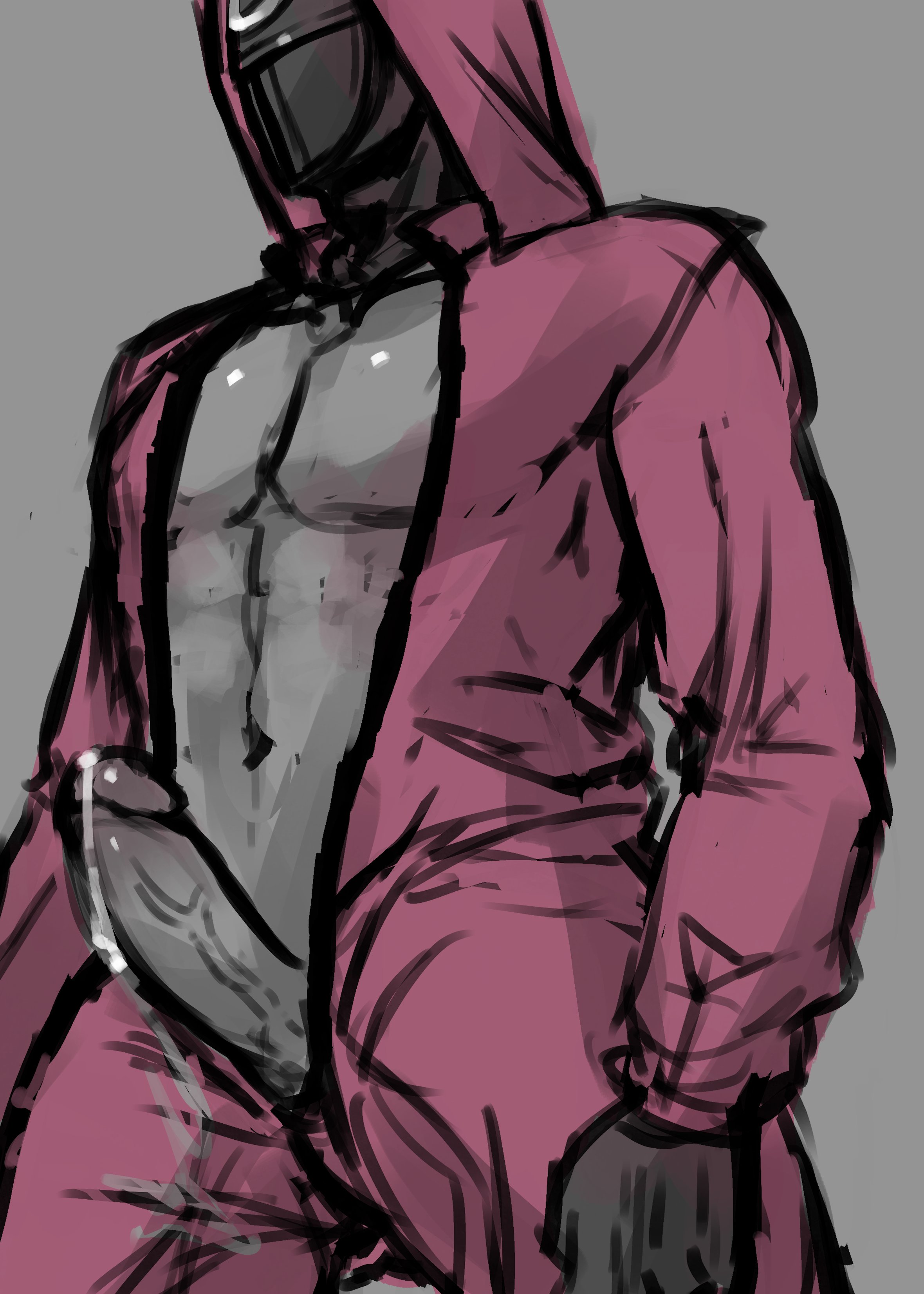 1boy, abs, black gloves, black mask, circle (squid game), cum, cum on clothes, cum on penis, cumming, erect penis, erection, gloves, male, male focus, male only, mask, netflix, penis, pink guard, solo, squid game, taryenno, unzipped bodysuit