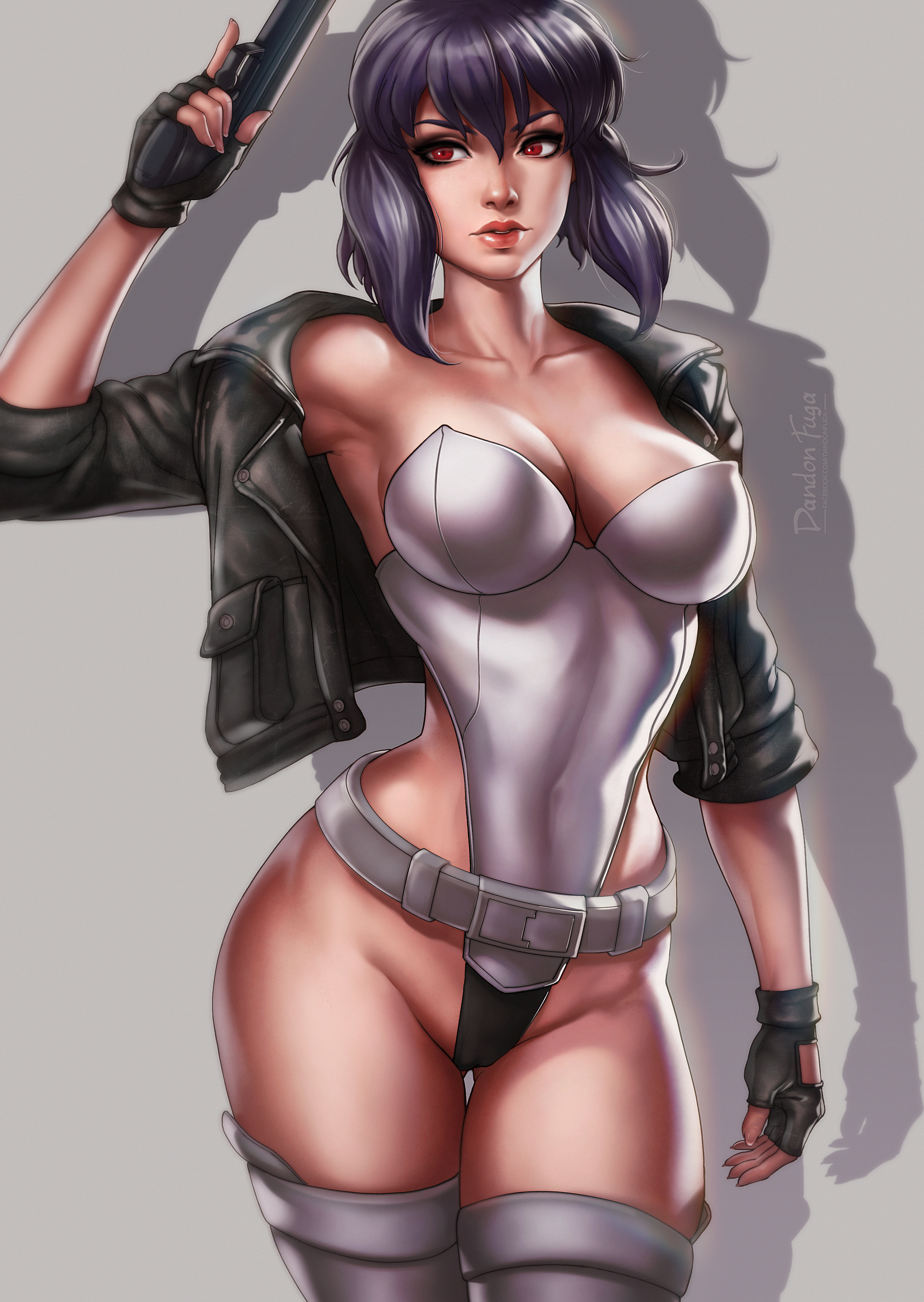 1girls, absurd res, alternate version available, armpits, belt, breasts, dandon fuga, female, female only, fingerless gloves, firearm, ghost in the shell, gloves, gun, handgun, handwear, hi res, human, jacket, kusanagi motoko, large breasts, legwear, leotard, nipples, outerwear, pale skin, pinup, solo, weapon