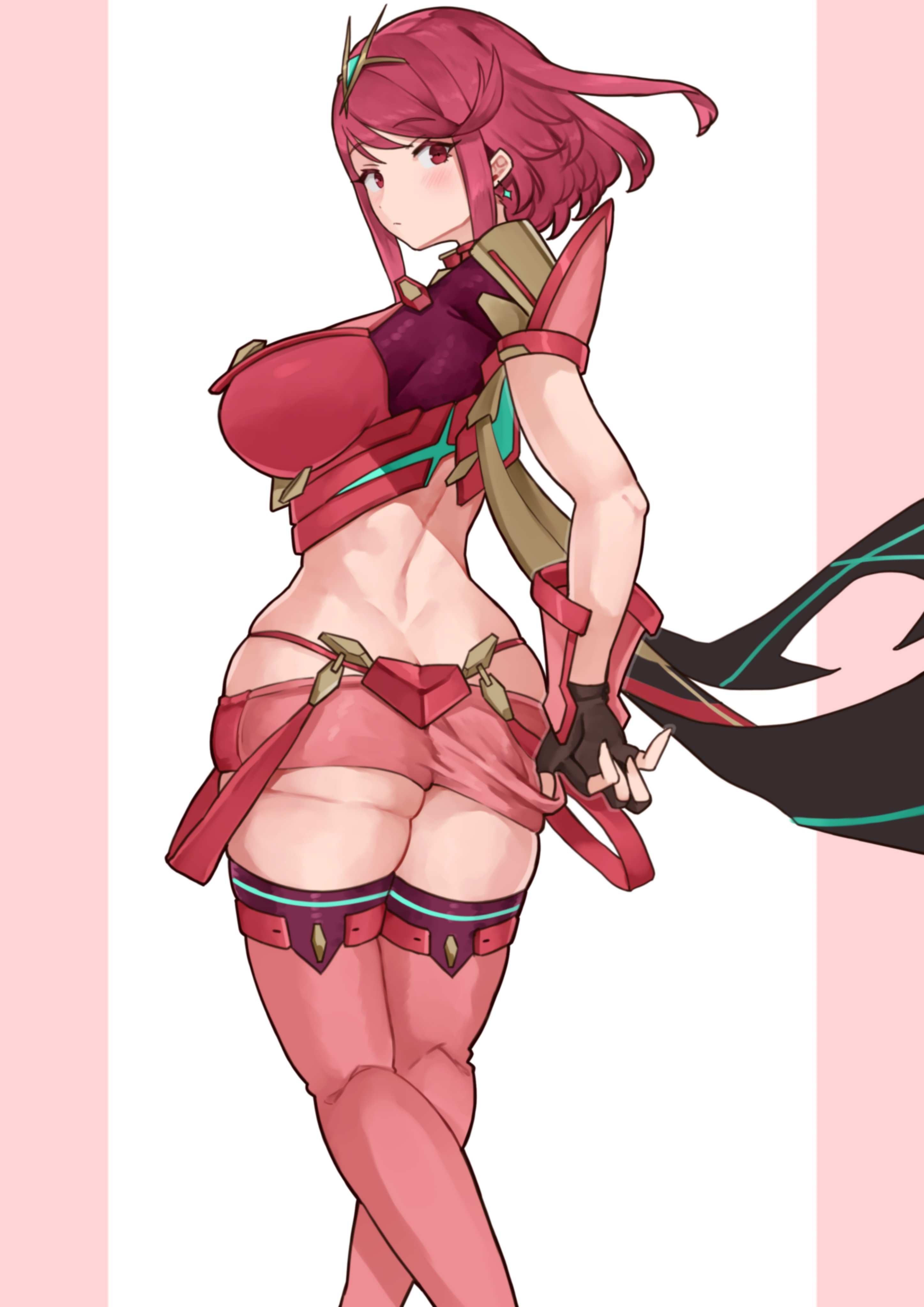 absurdres, ass, ass hanging out, ass hanging out of shorts, black gloves, booty shorts, border, breasts, commentary request, denim, denim shorts, earrings, female, female only, fingerless gloves, from behind, gloves, highres, homura (xenoblade 2), jewelry, large breasts, oniisan02b, pink border, pyra, pyra (xenoblade), red eyes, red hair, red shorts, shiorino mani (artist), short hair, short shorts, shorts, simple background, solo, tiara, white background, xenoblade (series), xenoblade chronicles 2, yotsuha uni, yotsuhauni