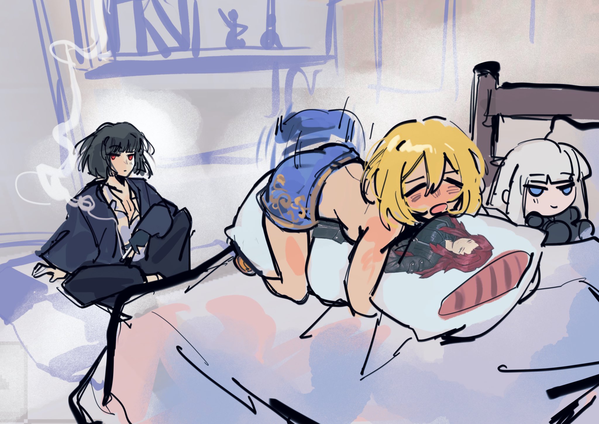2girls, angelica (library of ruina), bodypillow, dakimakura, don quixote (limbus company), female, female only, gebura (library of ruina), humping, humping pillow, lesbian focus, liliesbloom4me, limbus company, project moon, ryoshu (limbus company), sketch, tagme, wait is this yuri?, watching, white hair
