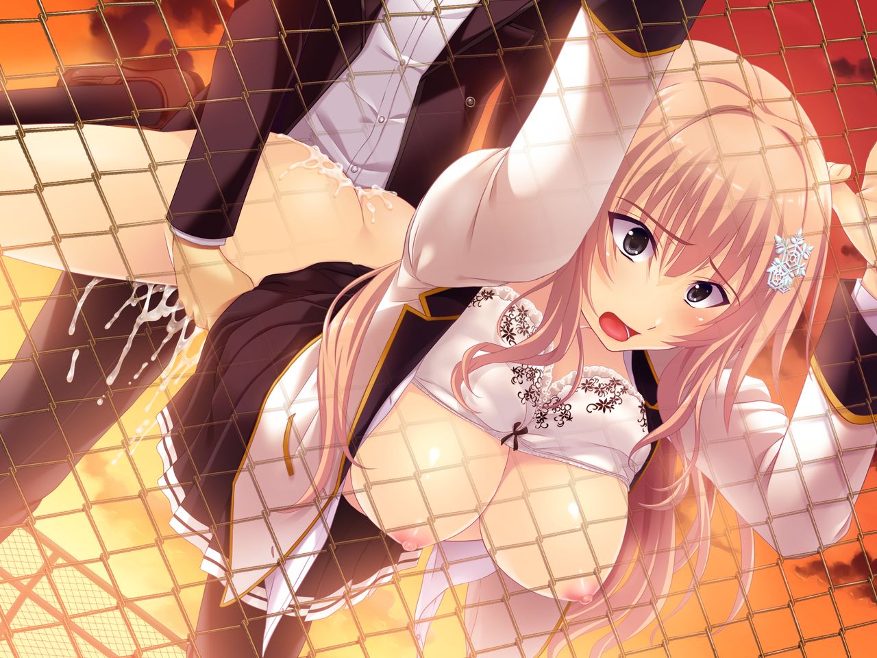 1boy against_fence areolae ass big_breasts black_eyes blonde_hair breasts character_request clothed_sex cum cum_in_pussy cum_on_lower_body doggy_style female fence functionally_nude game_cg guilty hair_ornament held_up long_hair nipples open_mouth rape sex shoes snowflake socks standing straight toriko_no_senritsu torso_grab vaginal_penetration wide-eyed