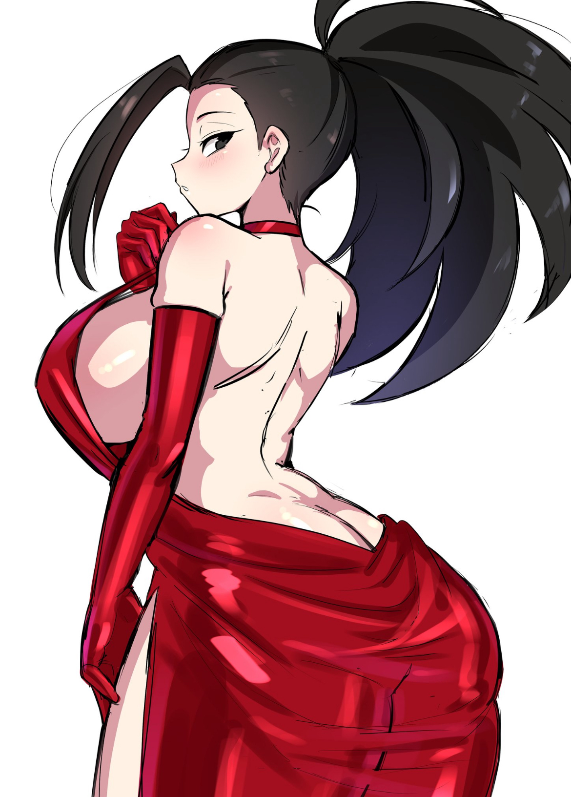 ass, ass bigger than head, ass crack, ass peek, back, big ass, big breasts, big butt, big thighs, black eyes, black hair, boku no hero academia, breasts, breasts bigger than head, busty, busty female, curvy, curvy female, cute, cute face, edgj, female, female focus, female only, huge ass, huge breasts, huge thighs, momo yaoyorozu, my hero academia, oppai, pale skin, pale-skinned female, posing, red dress, revealing breasts, round breasts, sexy, sexy body, side eye, sideboob, solo, solo female, solo focus, thick ass, thick body, thick legs, thick thighs, thighs bigger than head