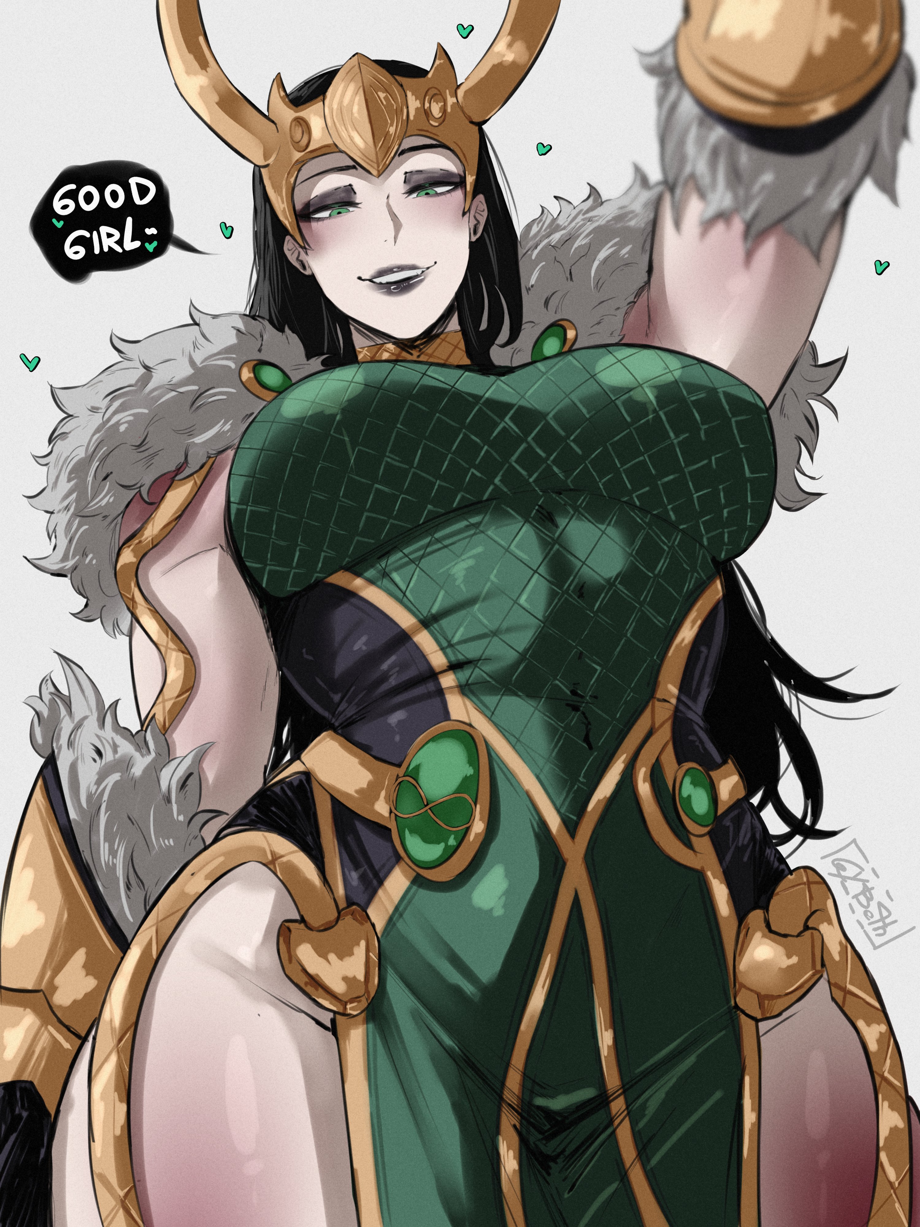 1girls, absurdres, black eyeshadow, black hair, black lips, blush, breasts, cape, eyeshadow, fake horns, female, female only, fur trim, fur-trimmed cape, fur-trimmed gloves, gauntlets, gloves, gold gauntlets, green eyes, gybeth, highres, horned headwear, horned tiara, horns, lady loki, large breasts, leotard, long hair, looking at viewer, makeup, marvel, marvel rivals, outstretched arm, pelvic curtain, rule 63, signature, smile, solo, teeth, thighs, tiara, white background