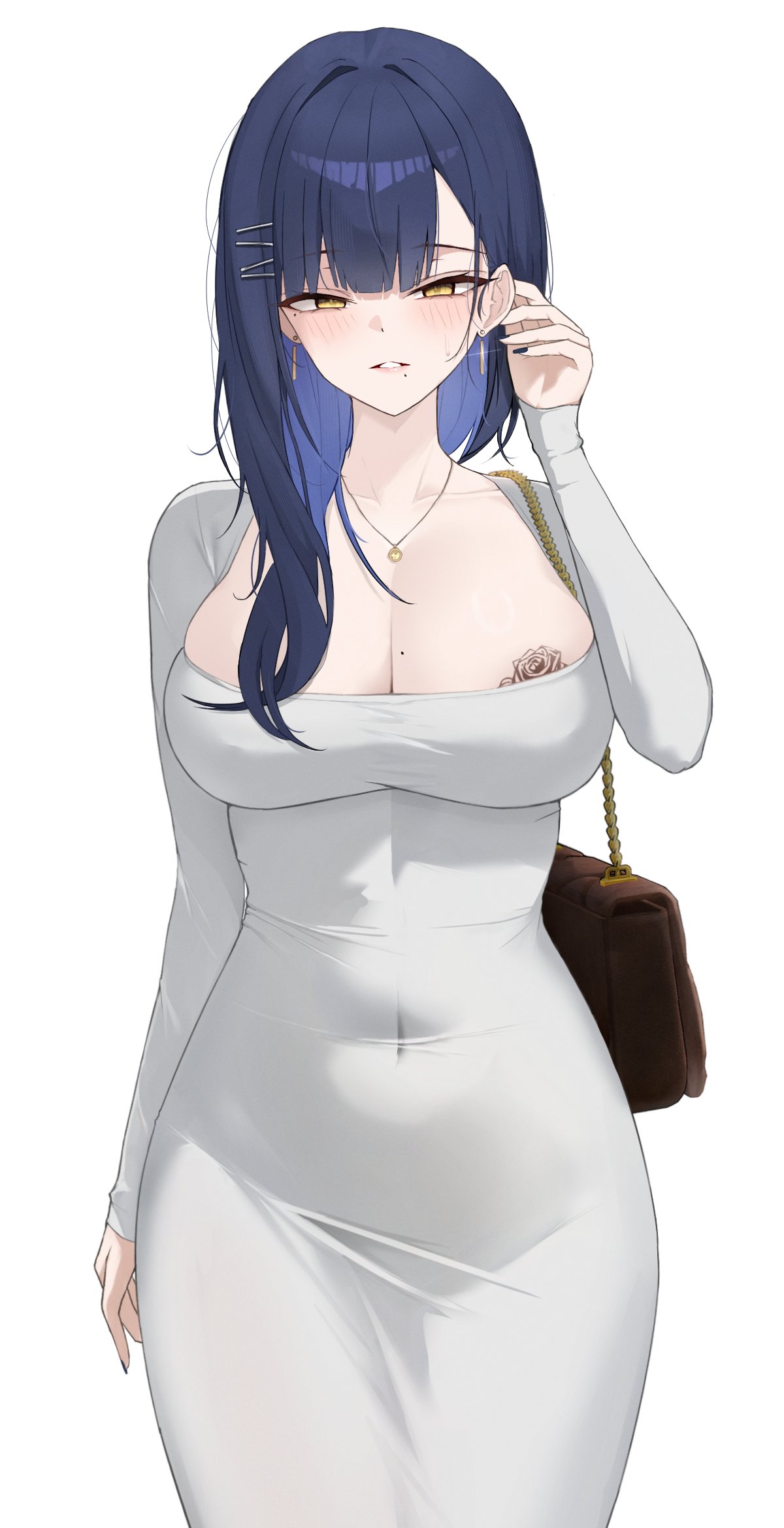 1girls, arm at side, bag, black nails, blue hair, blush, breast tattoo, breasts, cleavage, commentary, covered navel, cowboy shot, dongtan dress, dress, earrings, fingernails, gamble 0, gangzi (vtuber), glint, grey dress, hair ornament, hair over shoulder, hairclip, hand up, handbag, highres, huge breasts, jewelry, long sleeves, looking at viewer, mole, mole on breast, mole under eye, mole under mouth, nail polish, necklace, parted lips, simple background, solo, standing, stellive, tattoo, taut clothes, taut dress, virtual youtuber, white background, yellow eyes