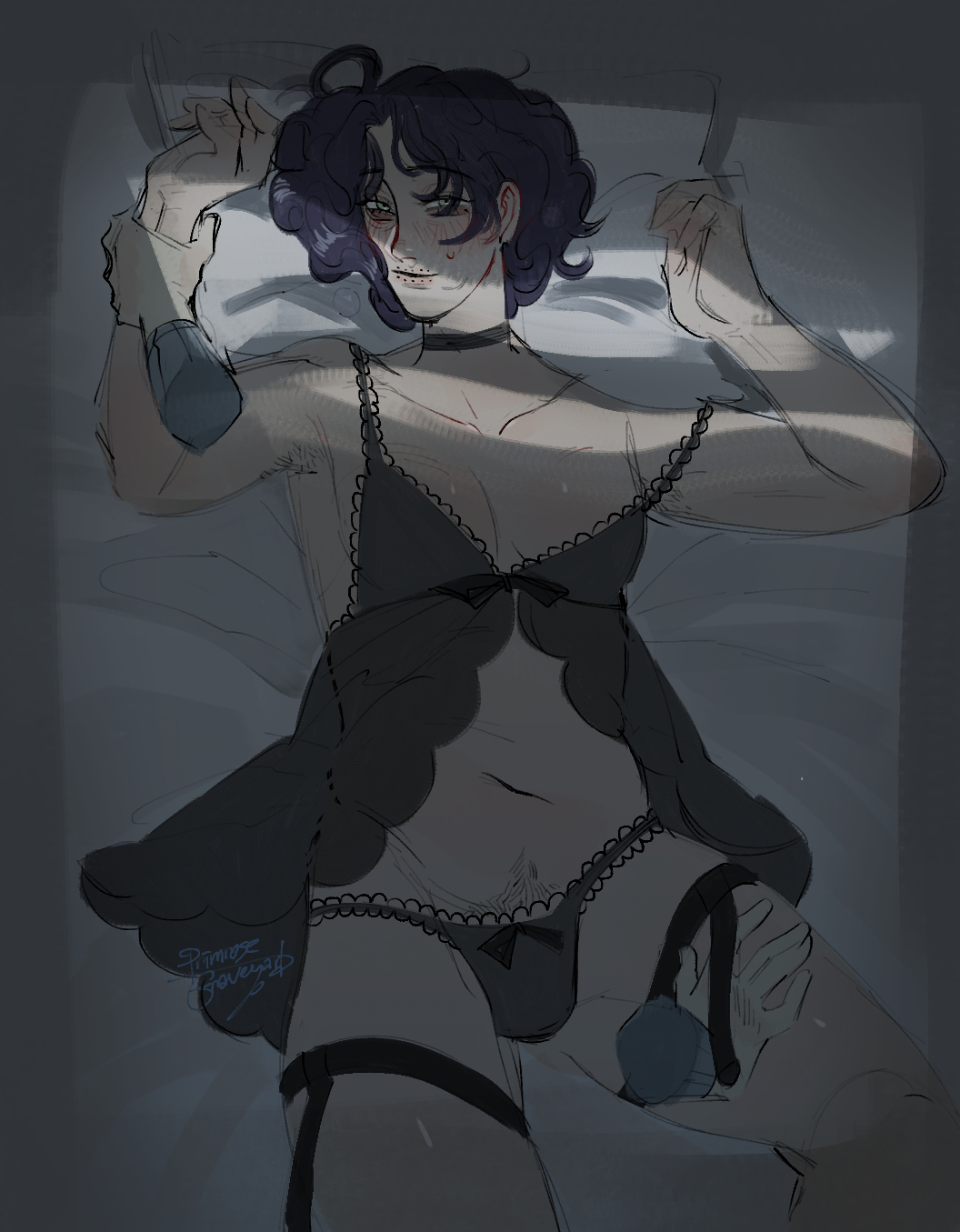 babydoll, bags under eyes, black panties, blush, bulge, crossdressing, curly hair, disembodied hands, femboy, gay, lingerie, male, male only, male pubic hair, no, i'm not a human, on back, on bed, pale skin, pale-skinned male, panties, primroses grave, protagonist (no, i'm not a human), pubic hair, purple hair, smile, solo focus, sweatdrop, thigh strap, wireface (no, i'm not a human), wrist grab, yaoi