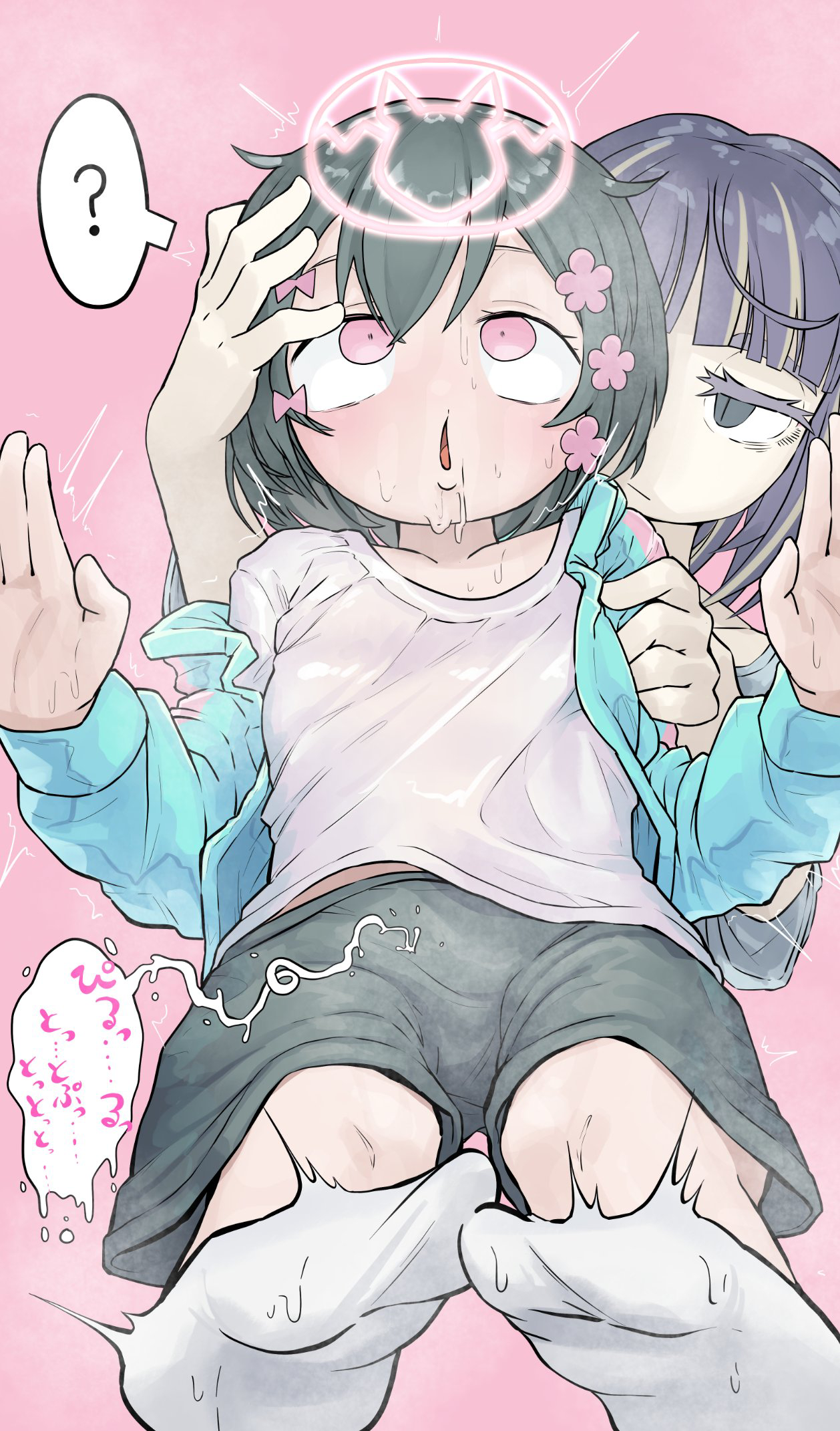 ?, 1futa, 1girls, aqua jacket, black hair, black shorts, blonde streaks, blue eyes, blush, bow, cevio, closed mouth, collarbone, colored eyelashes, crossover, drooling, flower, from below, futa with female, futanari, hair flower, hair ornament, hairbow, hand on another's head, iyowa girls, jacket, knees, kurari-chan (iyowa), kyu-kurarin (cevio), medoshikorinda, mind break, multicolored hair, mv character, open mouth, phony (cevio), phony-chan, pink background, pink bow, pink eyes, pink flower, purple hair, shirt, short hair, shorts, socks, speech bubble, streaked hair, sweat, white shirt, white socks