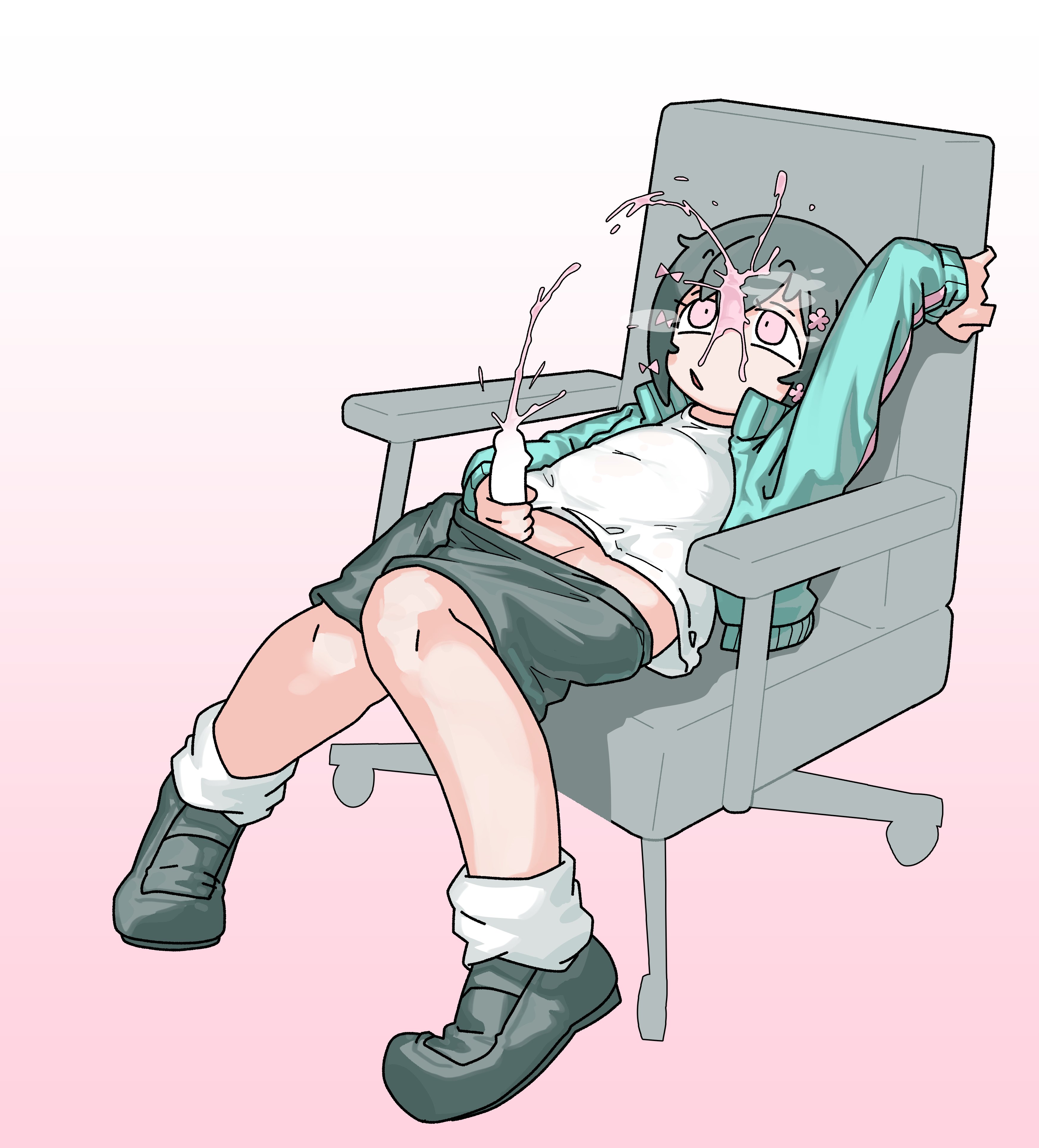 1futa, aqua jacket, black hair, black shoes, black shorts, blush, censored, censored penis, cevio, chair, cum, cum on face, cum on own face, ejaculation, erect penis, futanari, gaming chair, hair flower, hairbow, iyowa girls, jacket, kurari-chan (iyowa), kyu-kurarin (cevio), masturbating, medoshikorinda, motion lines, mv character, open jacket, open mouth, pastel colors, penis, pink background, pink cum, pink eyes, pink flower, short hair, simple background, vocaloid, white shirt, white socks