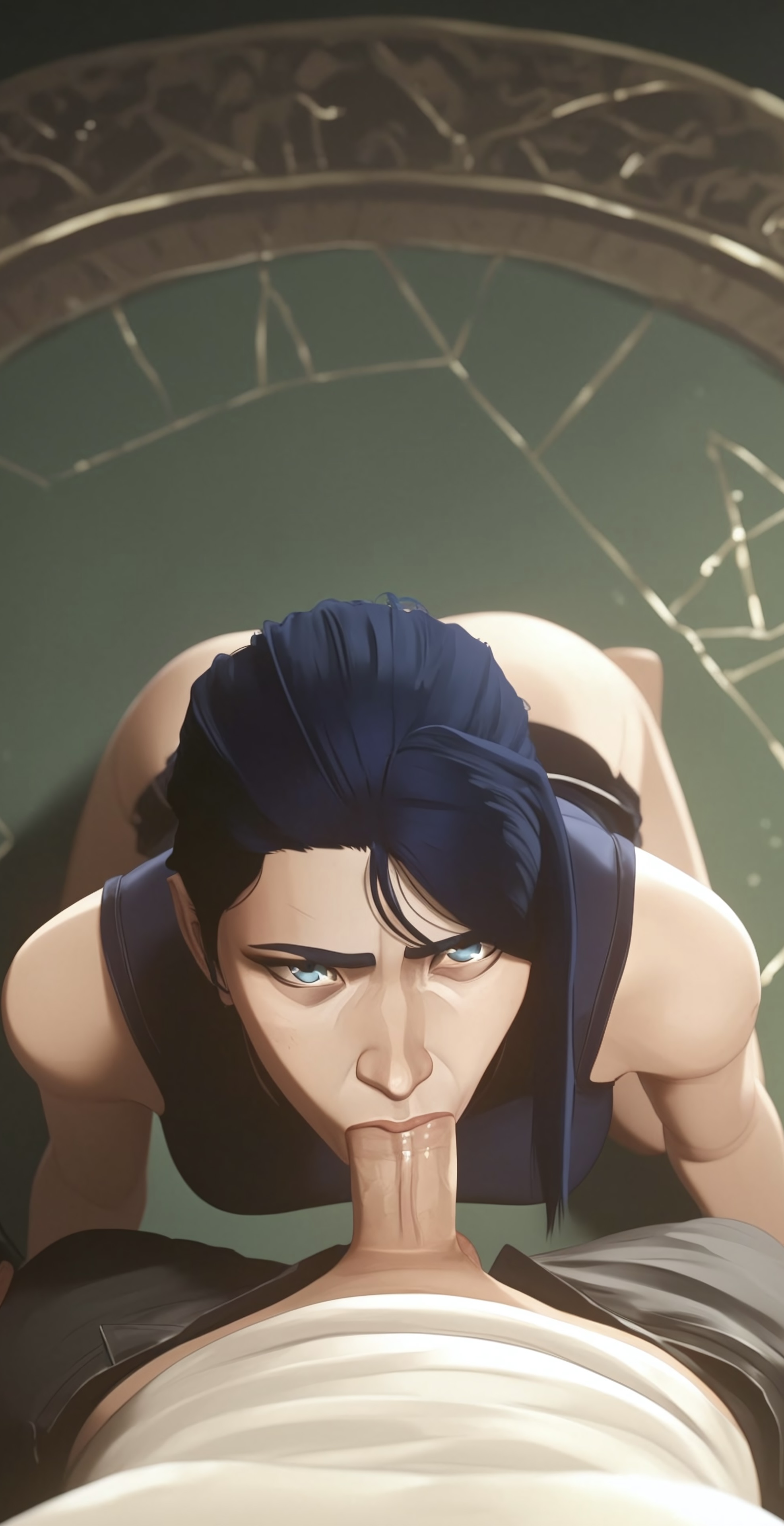 ai generated, arcane, blowjob, blue eyes, blue hair, caitlyn kiramman, female, league of legends, looking at viewer, netflix, penis in mouth, pov, sucking, sucking penis