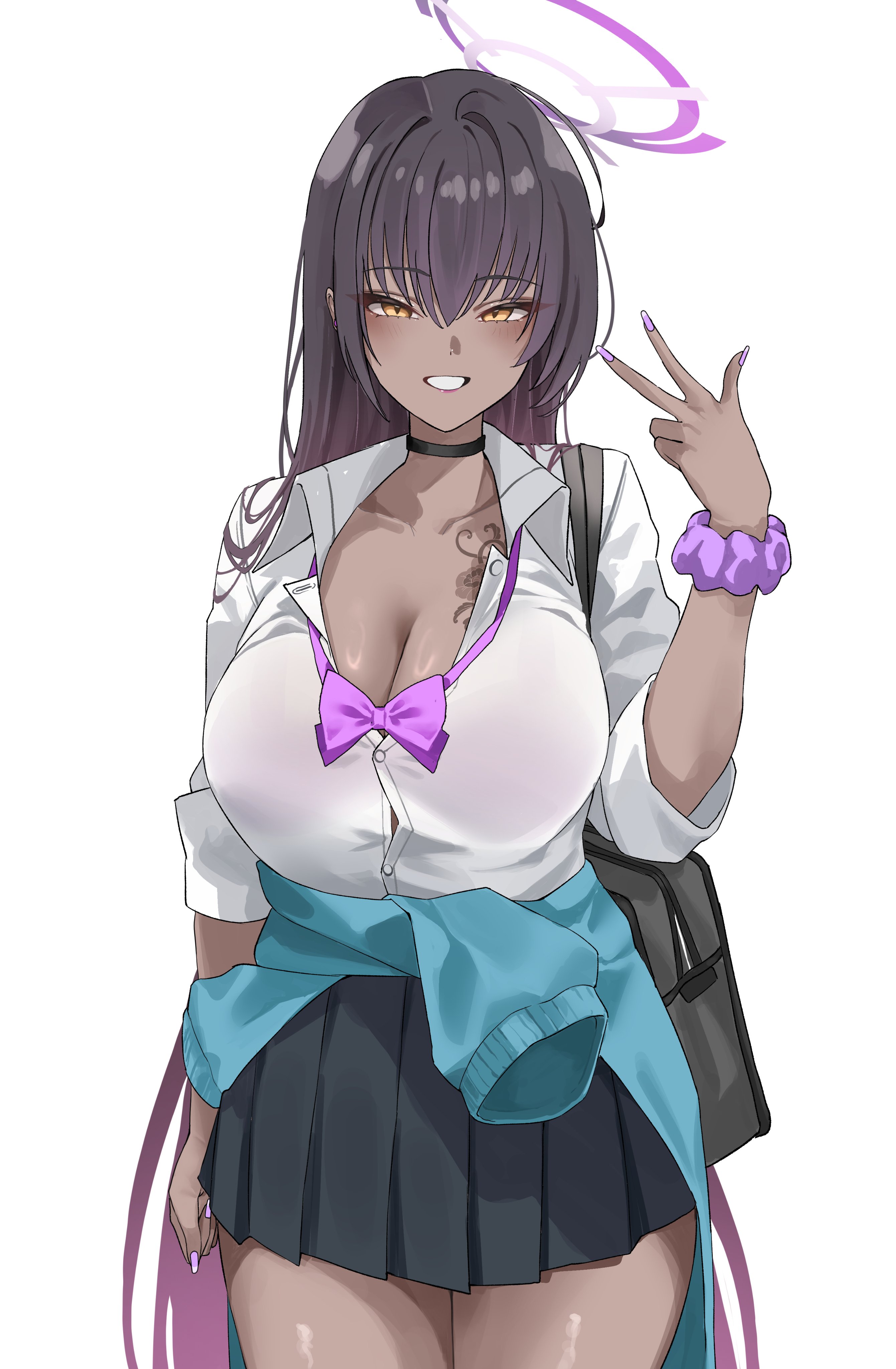 1girls, absurdres, bag, black choker, black hair, black skirt, blue archive, blue cardigan, blue halo, blue sweater, bow, bra, bra visible through clothes, breasts, button gap, cardigan, choker, cleavage, colored inner hair, commentary, cowboy shot, dark skin, dark-skinned female, english commentary, grin, halo, highres, karin (blue archive), karin (school uniform) (blue archive), large breasts, long hair, looking at viewer, miniskirt, miz blank, multicolored hair, pleated skirt, purple bow, purple bra, purple hair, purple halo, purple nails, school bag, school uniform, scrunchie, shirt, shirt tucked in, simple background, skirt, sleeves rolled up, smile, solo, sweater, sweater around waist, tied sweater, very long hair, w, white background, white shirt, wrist scrunchie, yellow eyes