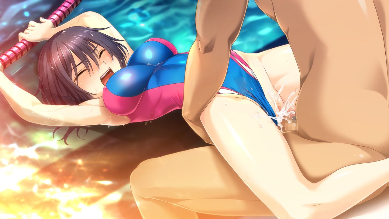 1boy arm_support armpits ass_grab black_hair breasts censored closed_eyes clothed_female_nude_male clothed_sex cum cum_in_pussy erect_nipples female game_cg guilty ikoma_yui lying missionary one-piece_swimsuit open_mouth penis pool pussy rape sex short_hair straight swimsuit swimsuit_aside toriko_no_kusari vaginal_penetration water wet