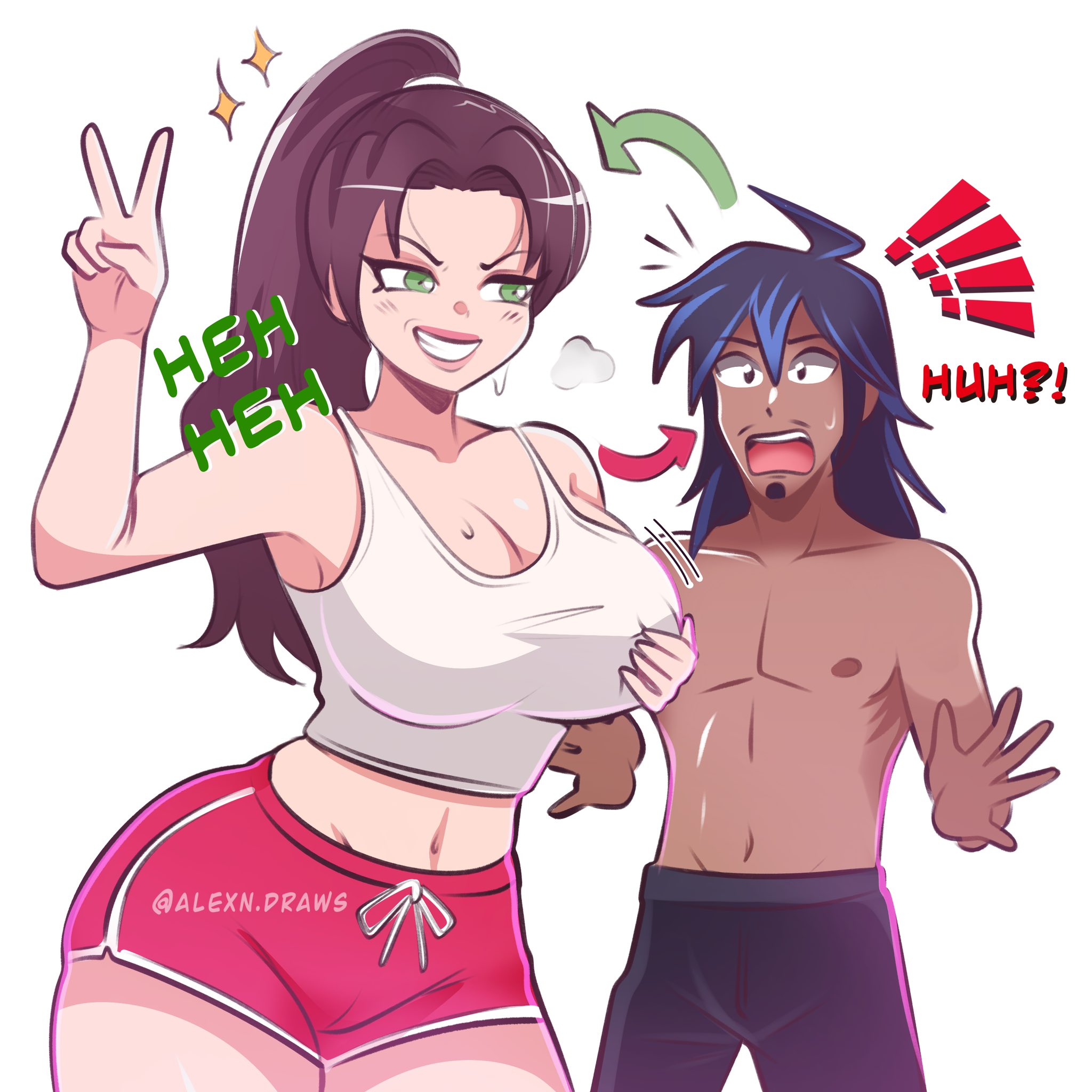 2020s, 2025, 2025s, alexndraws, big breasts, body swap, bodyswap, brown hair, brunette female, comission, fatal fury, hourglass figure, hourglass figured female, huge breasts, king of fighters, light skin, light-skinned male, mai shiranui, mai shiranui (casual), no background, oc, one eye closed, original character, shorts, simple background, slim thick, twitter link, v sign, white background