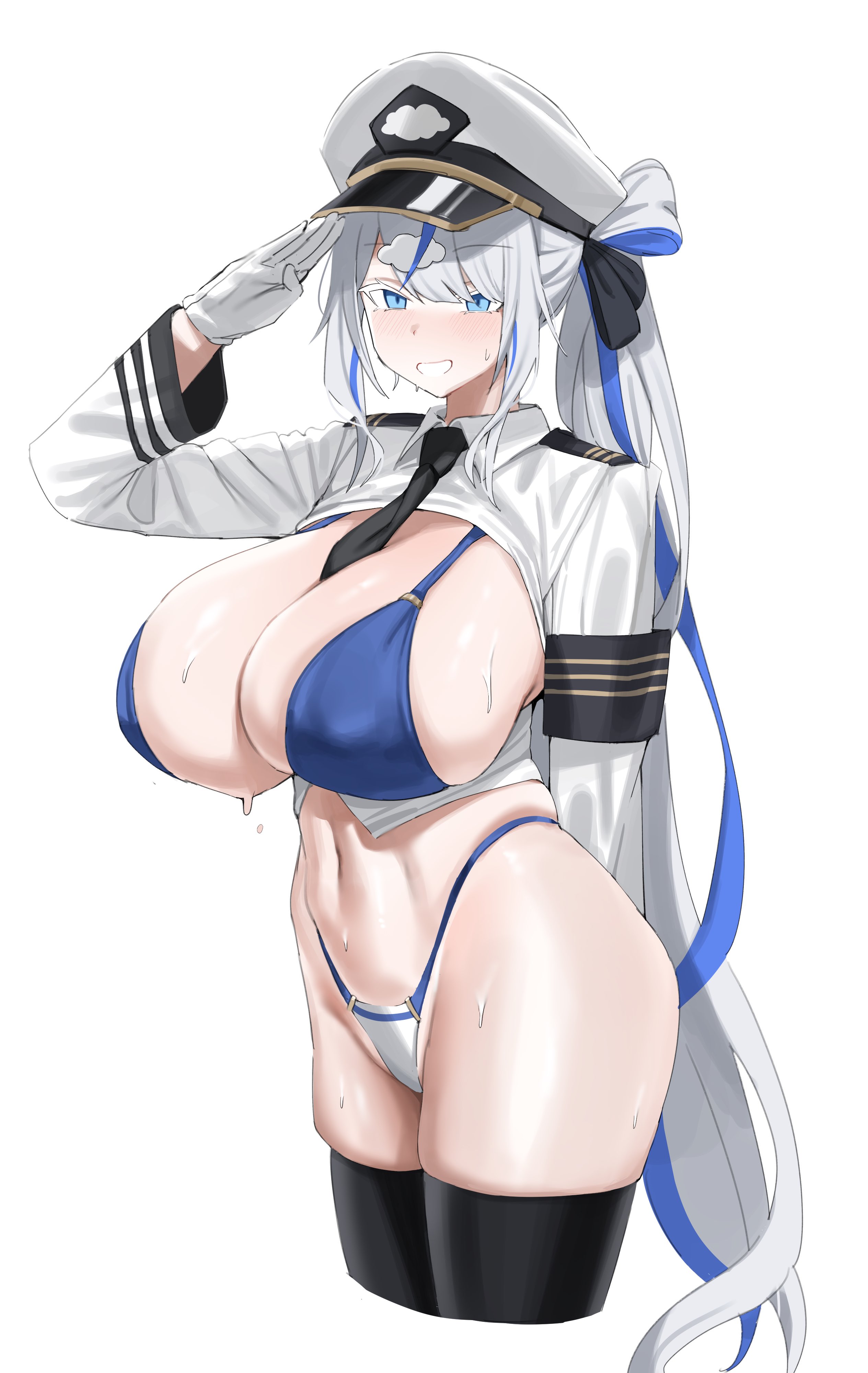 1girls, absurdres, aokumo rin, armband, bikini, black necktie, black thighhighs, blue eyes, blue streaks, breasts, cloud hair ornament, colored eyelashes, commentary, cropped legs, hair ornament, hat, highleg, highleg bikini, highres, large breasts, long hair, military hat, multicolored hair, necktie, plentyofempty, salute, simple background, skindentation, smile, solo, stellive, streaked hair, sweat, swimsuit, symbol-only commentary, thick eyelashes, thighhighs, very long hair, virtual youtuber, white background, white eyelashes, white hair