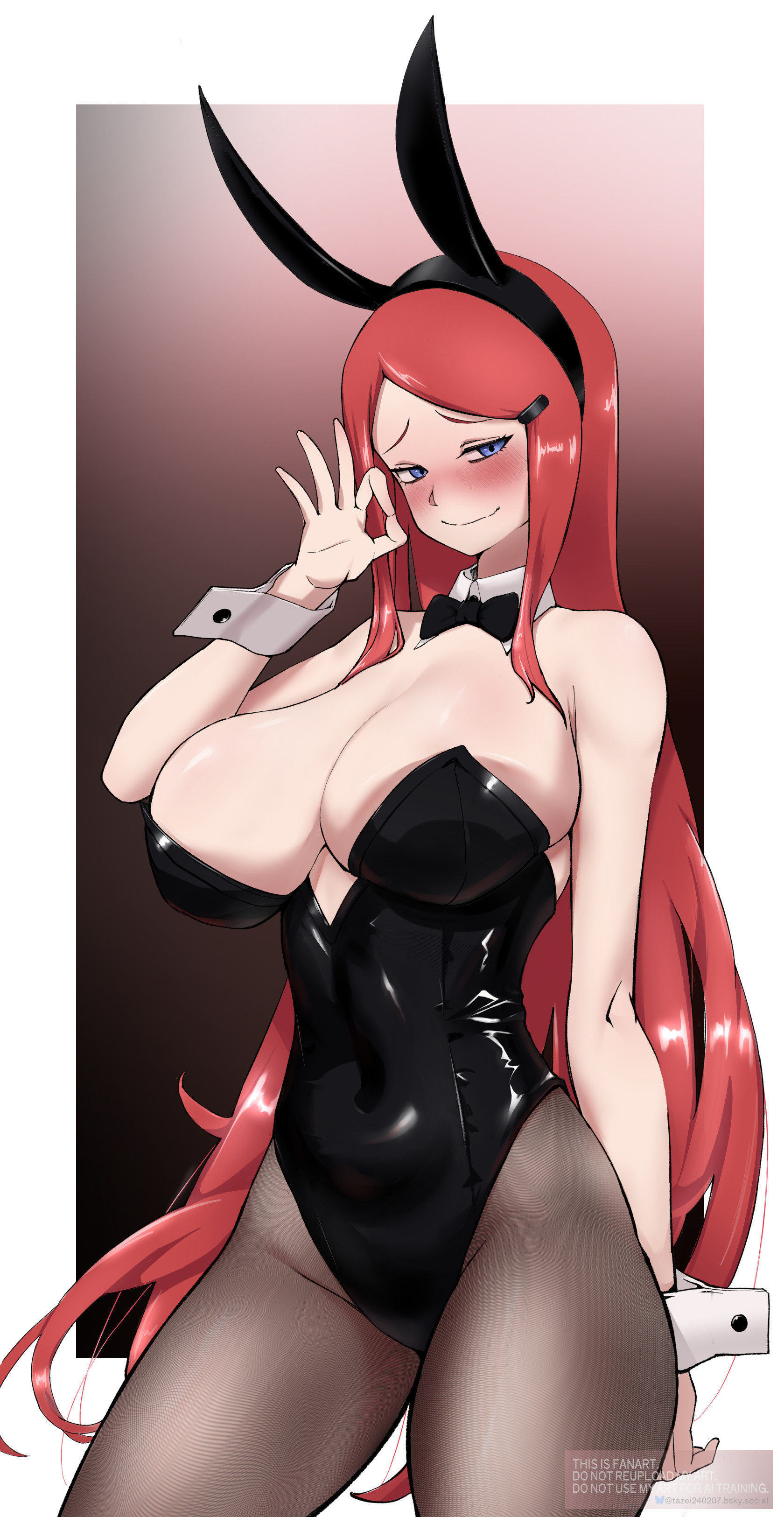 1girls, absurd res, absurdres, bare arms, bare shoulders, bbw, belly button, big breasts, blue eyes, blush, bowtie, bunny ears, bunny girl, bunnysuit, busty, cleavage, collar, cuffs, cuffs (clothing), cute, dress, fake animal ears, female, female focus, female only, hairband, hairclip, hi res, high resolution, highres, hips, hourglass figure, kushina uzumaki, large breasts, light skin, light-skinned female, long hair, looking at viewer, mature, mature female, milf, narrowed eyes, naruto, naruto (series), naruto shippuden, no bra, ok sign, pale skin, pale-skinned female, pantyhose, pinup, red hair, seductive, seductive look, seductive pose, shonen jump, shounen jump, shueisha, sideboob, skimpy, skimpy clothes, smile, smiling, smiling at viewer, solo, solo female, solo focus, tazei240207, tight clothing, tight dress, uzumaki kushina, very high resolution, very long hair, weekly shonen jump, weekly shounen jump, wide hips