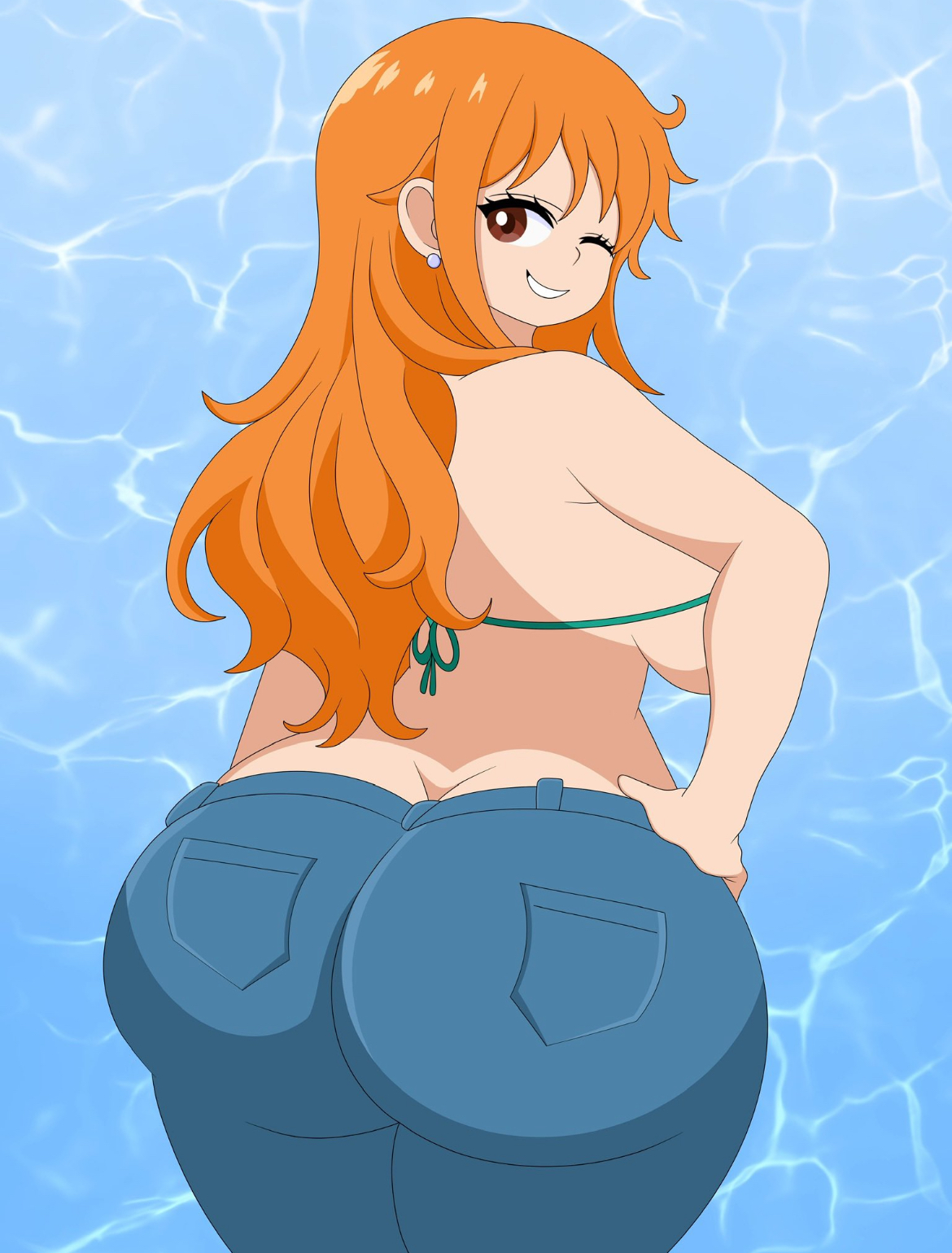 artist request, ass bigger than head, ass focus, back view, backboob, backside, big ass, big breasts, bikini top, booty, brown eyes, butt, butt focus, curves, curvy, curvy female, cute, cute face, fat ass, female, female focus, female only, ginger hair, hand on hip, huge ass, jeans, long hair, looking at viewer, nami (one piece), one piece, orange hair, pale-skinned female, pants, sexy, sexy body, sideboob, solo, solo female, solo focus, winking at viewer