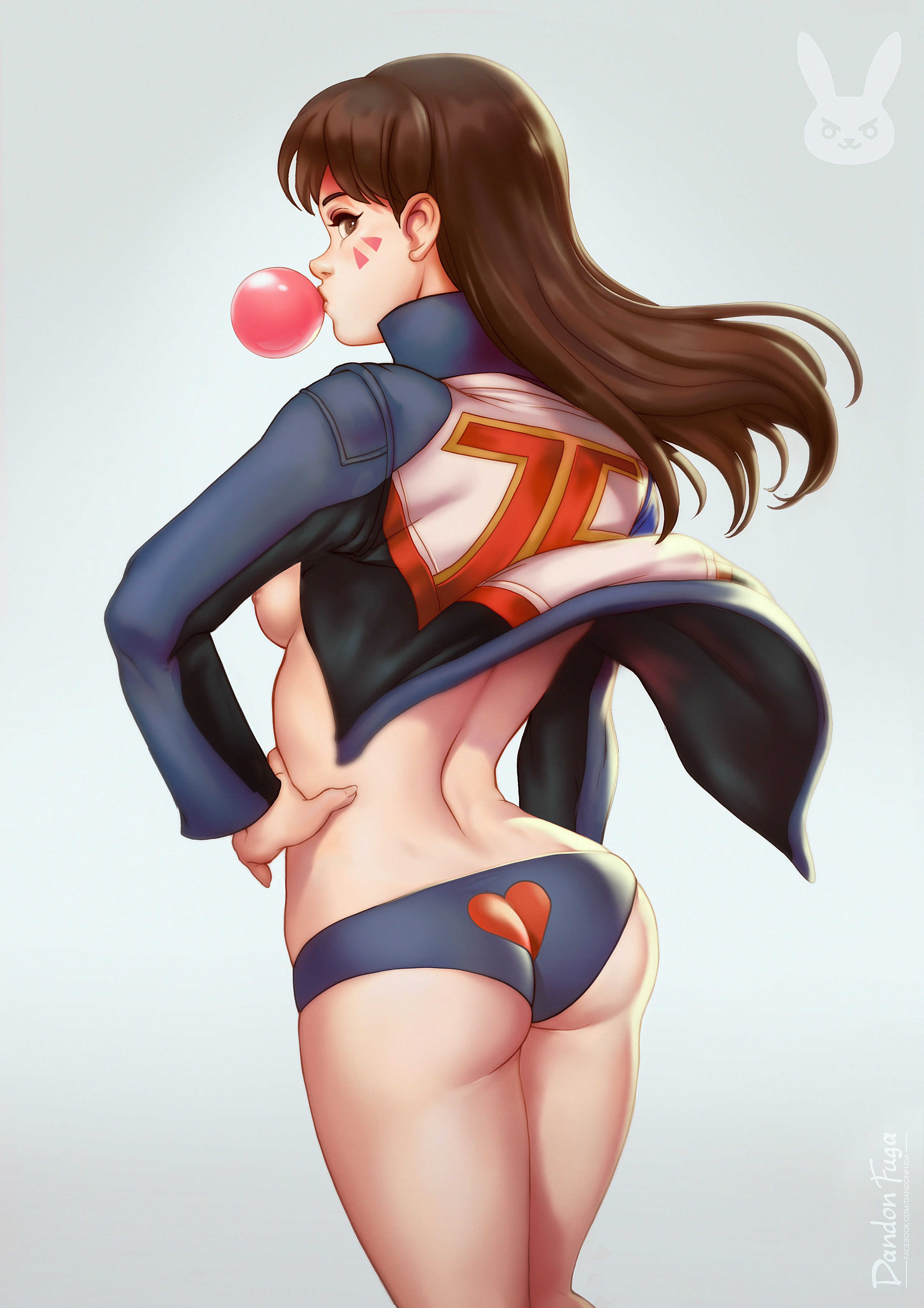 absurdres, areolae, ass, back view, bangs, blizzard entertainment, breasts, brown hair, bubble ass, bubble butt, bubble gum, candy, d.va, dandon fuga, eyelashes, female, female only, gradient background, hana song, hand on hip, heart panties, highres, human, jacket, long hair, looking back, medium breasts, nipples, no bra, overwatch, overwatch 2, panties, sideboob, soldier 76 (cosplay), solo, standing