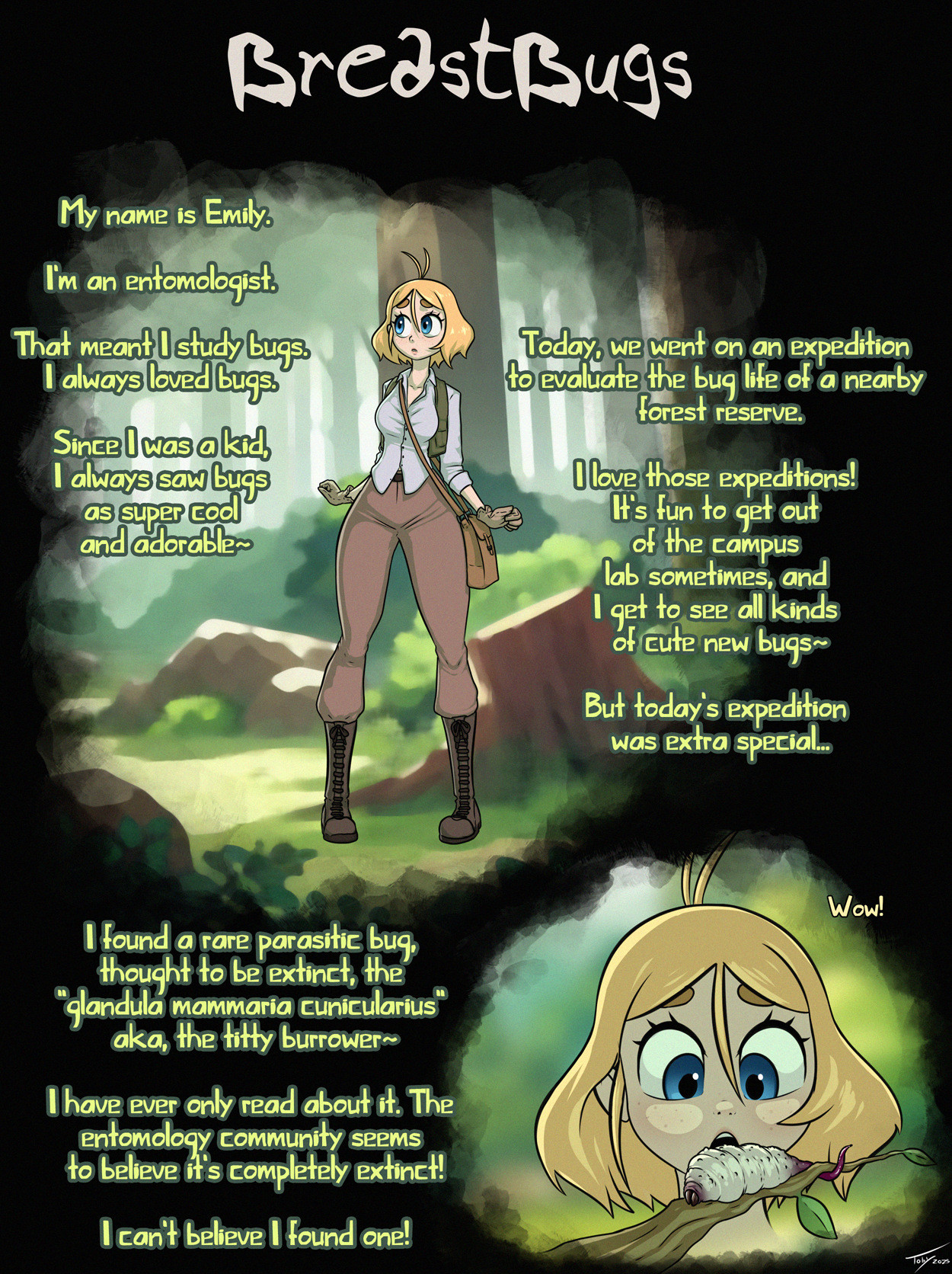 2025, bag, blonde hair, blue eyes, boots, brown pants, button down shirt, comic, english text, female, forest, freckles, gloves, light skin, light-skinned female, looking down, pants, parasite, shirt, signature, suprised, toby art, tree, white shirt