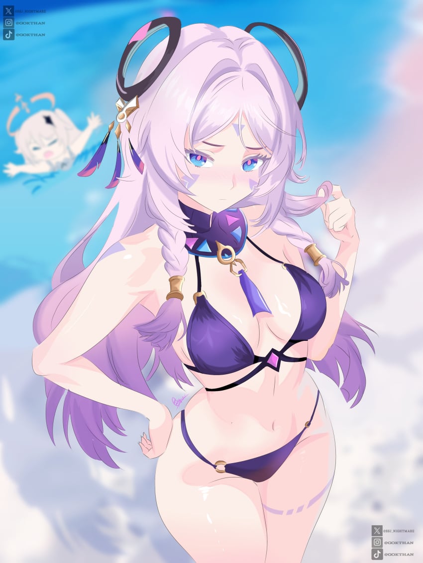 beach, bikini, citlali (genshin impact), digital drawing (artwork), female, genshin impact, gokthan, gokthan (artist), hoyoverse, light skin, light-skinned female, outside, paimon (genshin impact), pink hair, purple eyes, purple hair, solo female, swimwear, two-tone hair