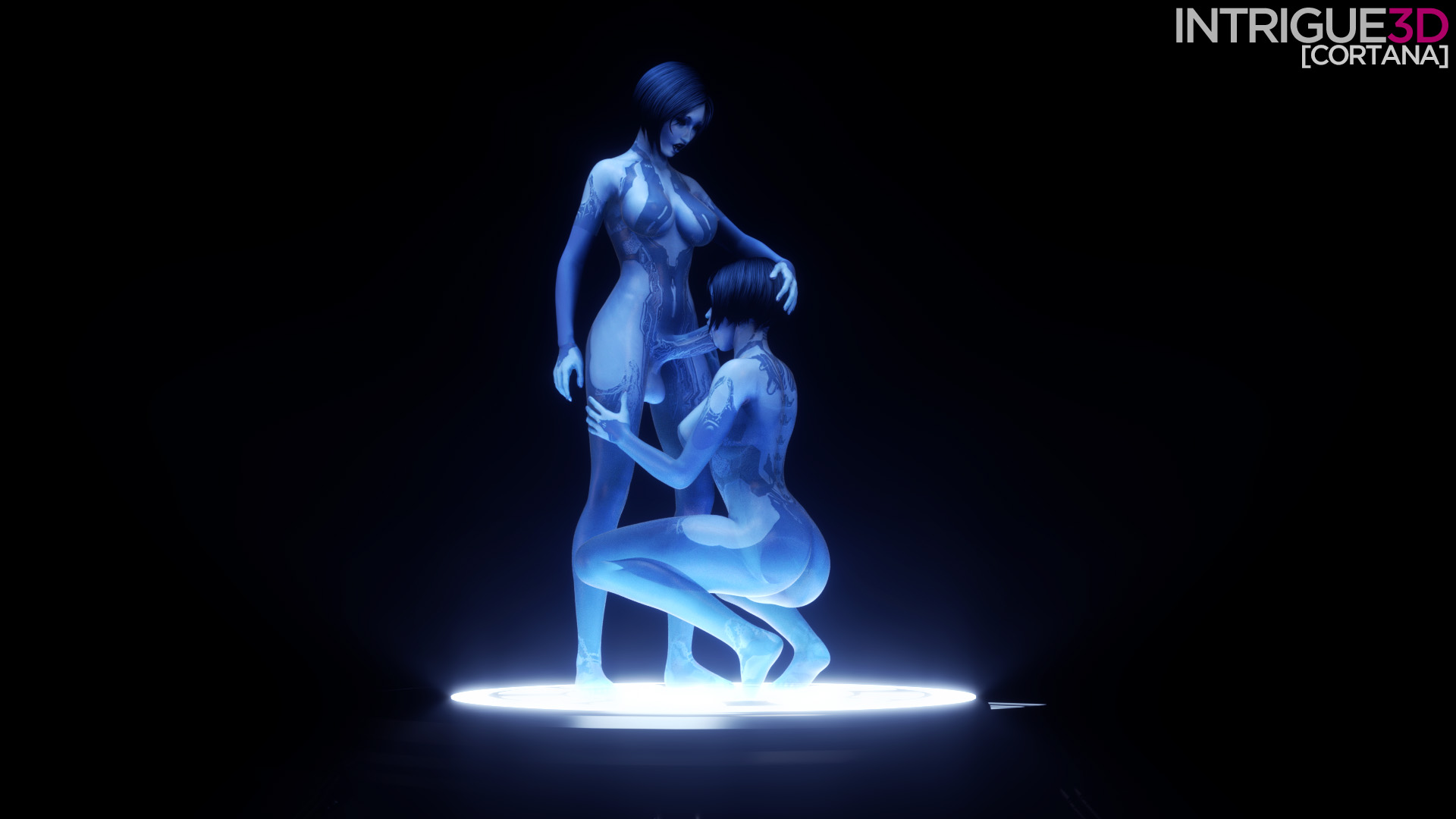 1futa, 1girls, 2016, 3d, artificial intelligence, ass, balls, breasts, clone, cortana, cortana v2, dark skin, dark-skinned futa, dickgirl, erection, fellatio, female, futa on female, futanari, halo (series), halo 4, intersex, intrigue3d, large ass, large breasts, nippleless, nude, oral, penis, selfcest, wide hips