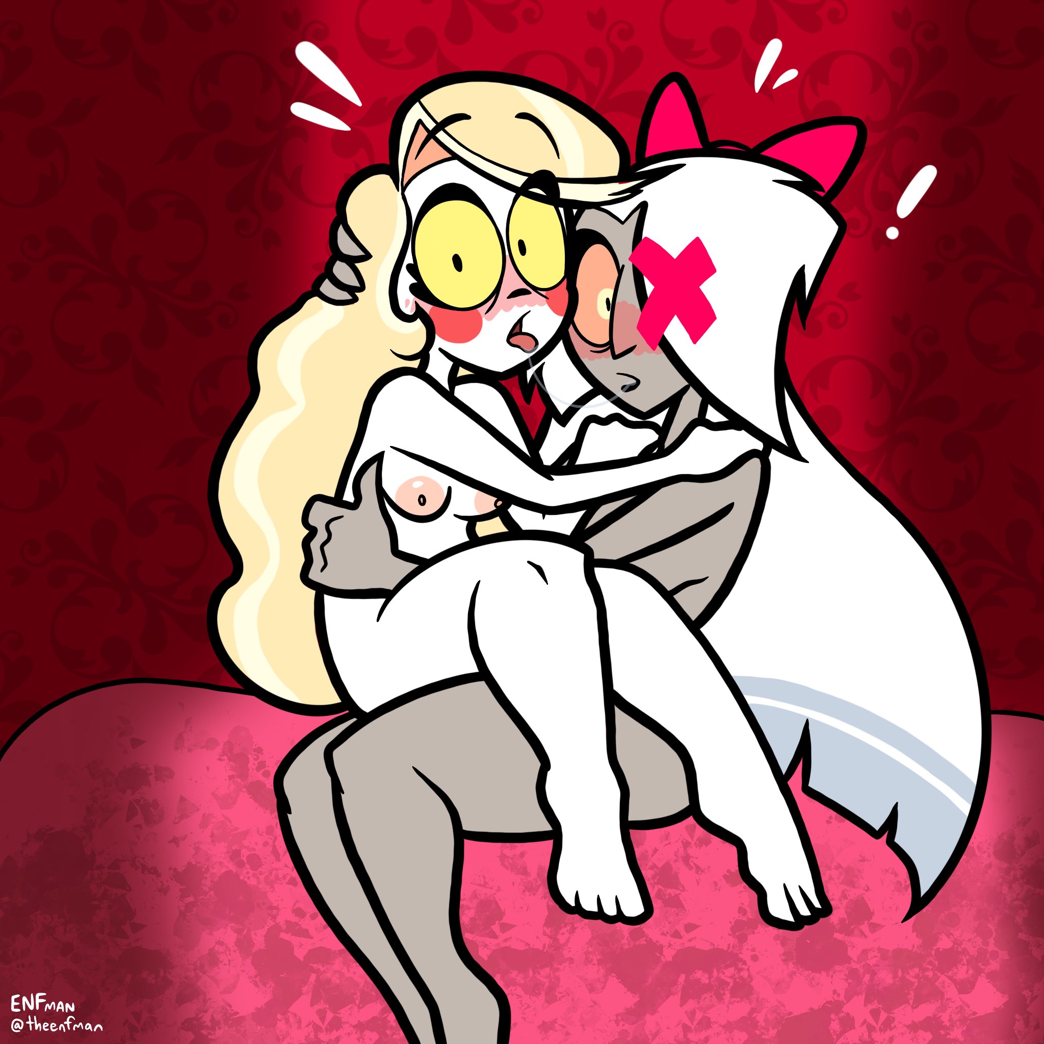 2girls, barefoot, breasts, caught, caught in the act, charlie morningstar (hazbin hotel), feet, female, hazbin hotel, kissing, looking at viewer, nude, saliva trail, tagme, theenfman, vaggie (hazbin hotel), yuri
