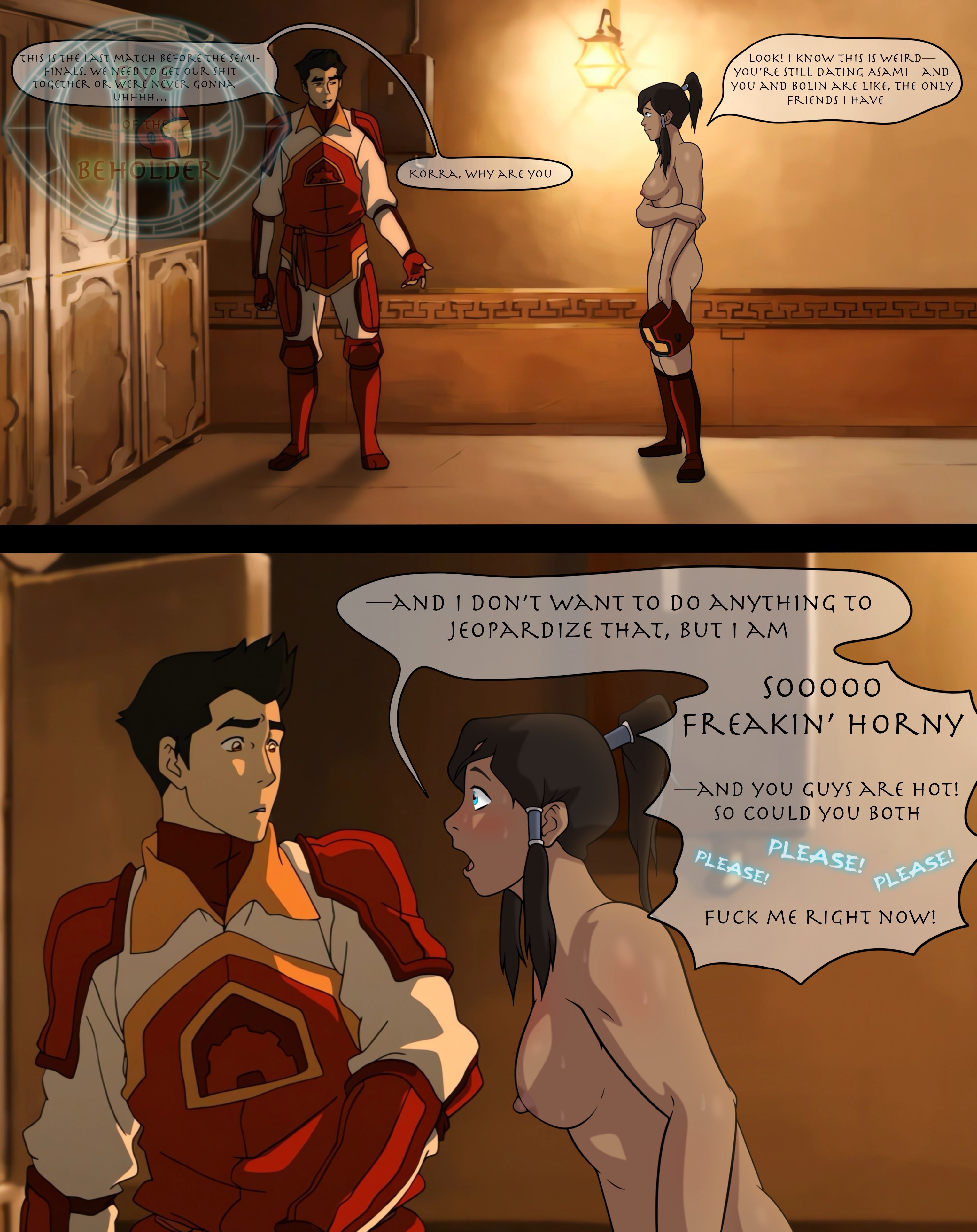 1girls, 2boys, avatar the last airbender, before sex, bolin, comic, eye of the beholder, korra, mako, male, the legend of korra
