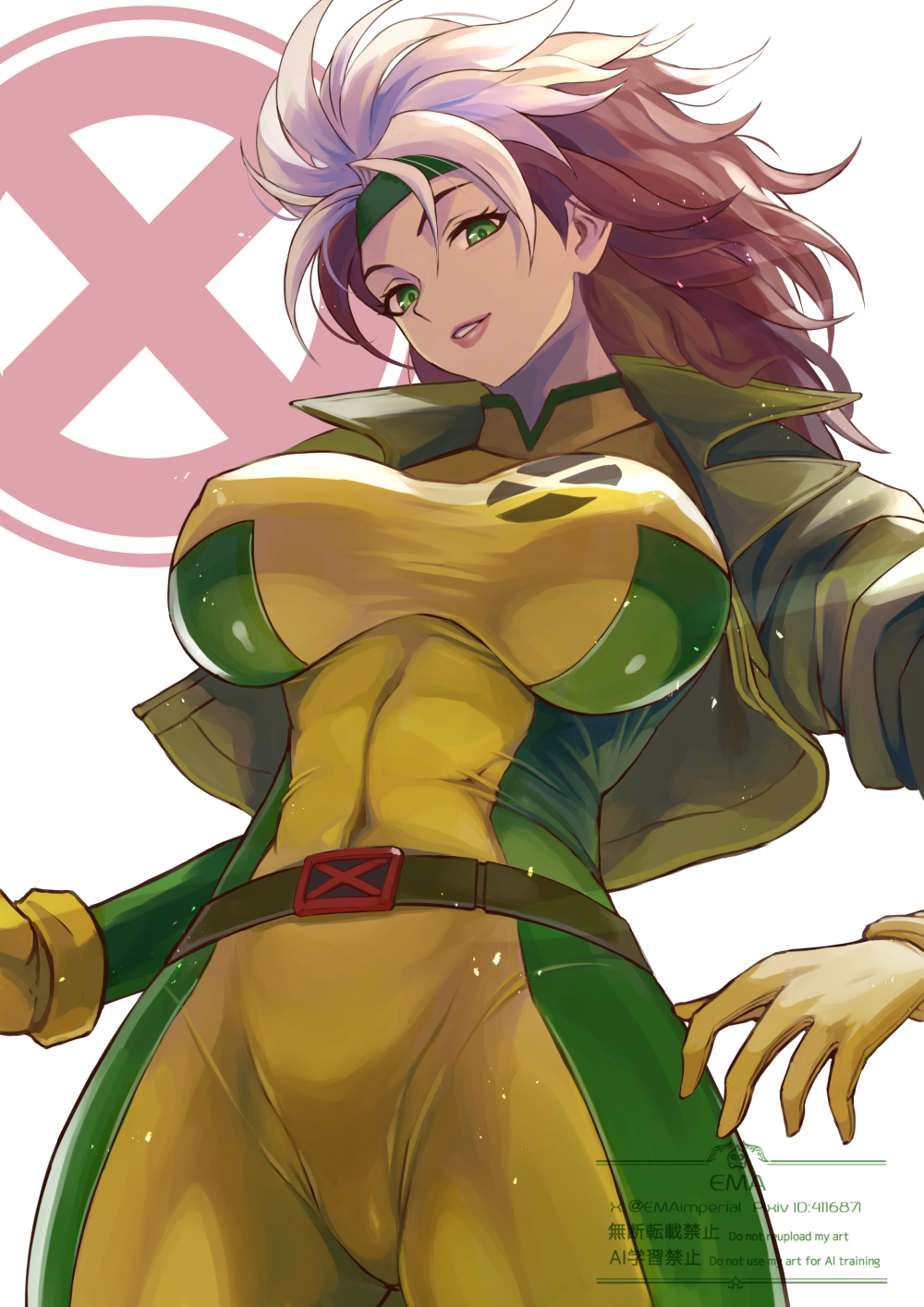 1girls, big breasts, bodysuit, breasts, brown hair, commentary request, covered erect nipples, ema (emaura), female, female only, green bodysuit, green eyes, green jacket, grey hair, highres, jacket, large breasts, marvel, multicolored hair, open clothes, open jacket, rogue (x-men), solo, two-tone hair, white background, x-men, x-men (1992 video game), yellow bodysuit