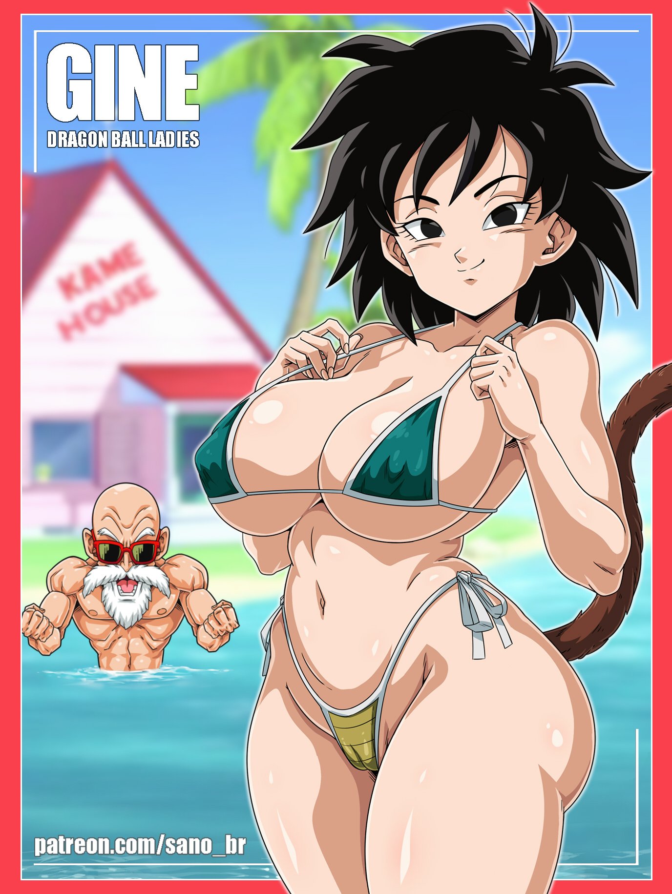 1boy, 1boy1girl, 1girl1boy, 1girls, bald, bald male, big breasts, bikini, black eyes, black hair, breasts, character name, dragon ball, dragon ball super, dragon ball z, gine, huge breasts, large breasts, looking at viewer, master roshi, micro bikini, milf, muten roushi, navel, nipple bulge, old male, patreon, patreon url, saiyan, saiyan female, saiyan tail, sano-br, side-tie bikini, skimpy, skimpy bikini, smile, smiling, smiling at viewer, sunglasses, tail, thick, thick ass, thick thighs, water, wide hips