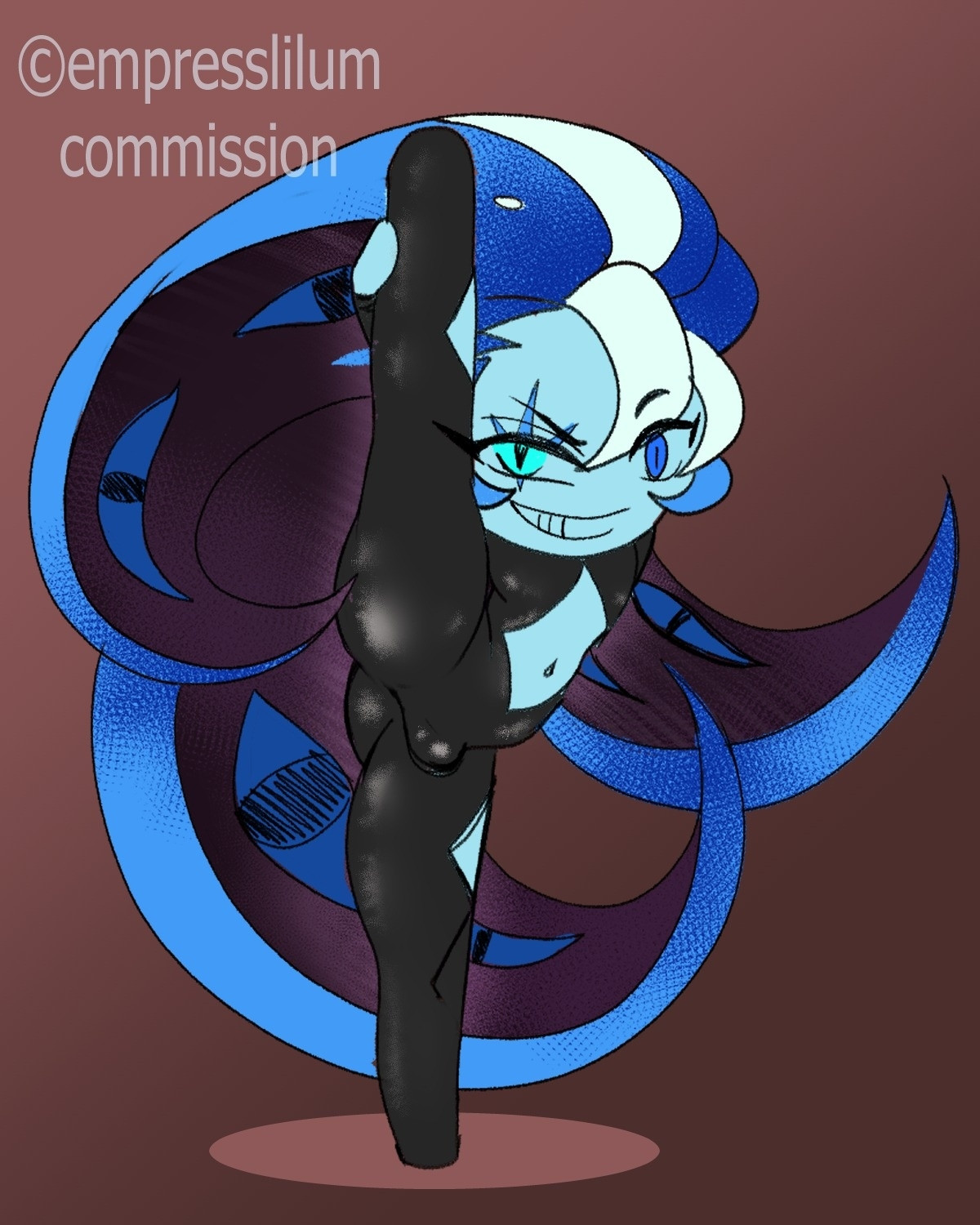 belly button, blue body, bodysuit, bulge, cookie run, cookie run kingdom, empresslilum, leg up, male only, open legs, shadow milk cookie, smile, thighs