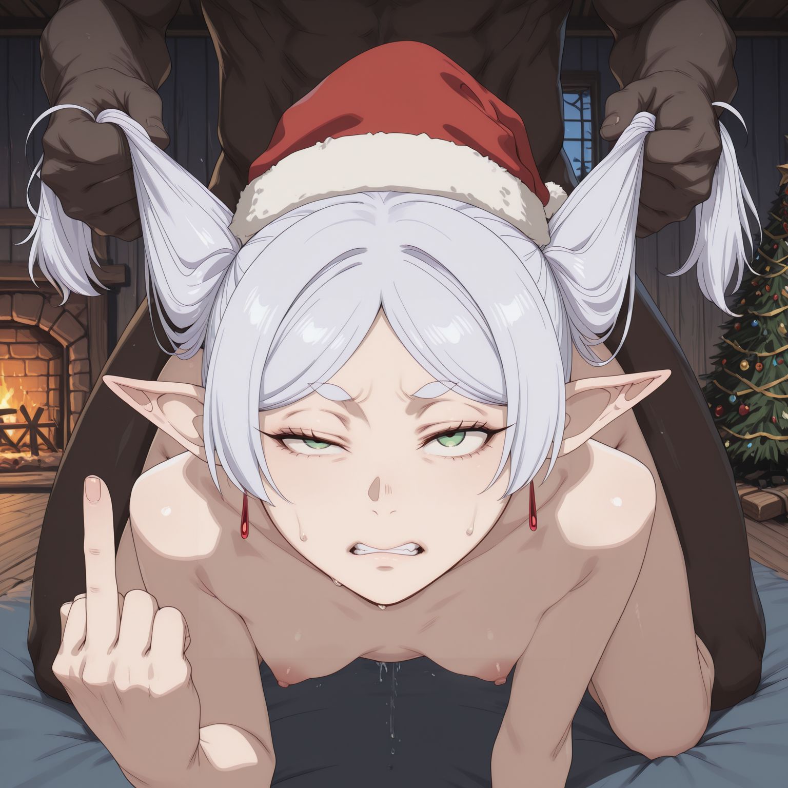 ai generated, all fours, ambiguous penetration, angry, blaiddy, christmas, clenched teeth, dark-skinned male, doggy style, frieren, frieren beyond journey's end, grabbing another's hair, green eyes, hair pull, handlebars, hat, indoors, middle finger, netorare, night, nipples, sex, sex from behind, silver hair, small breasts, sweat, twintail pull, twintails, uneven eyes, vaginal penetration