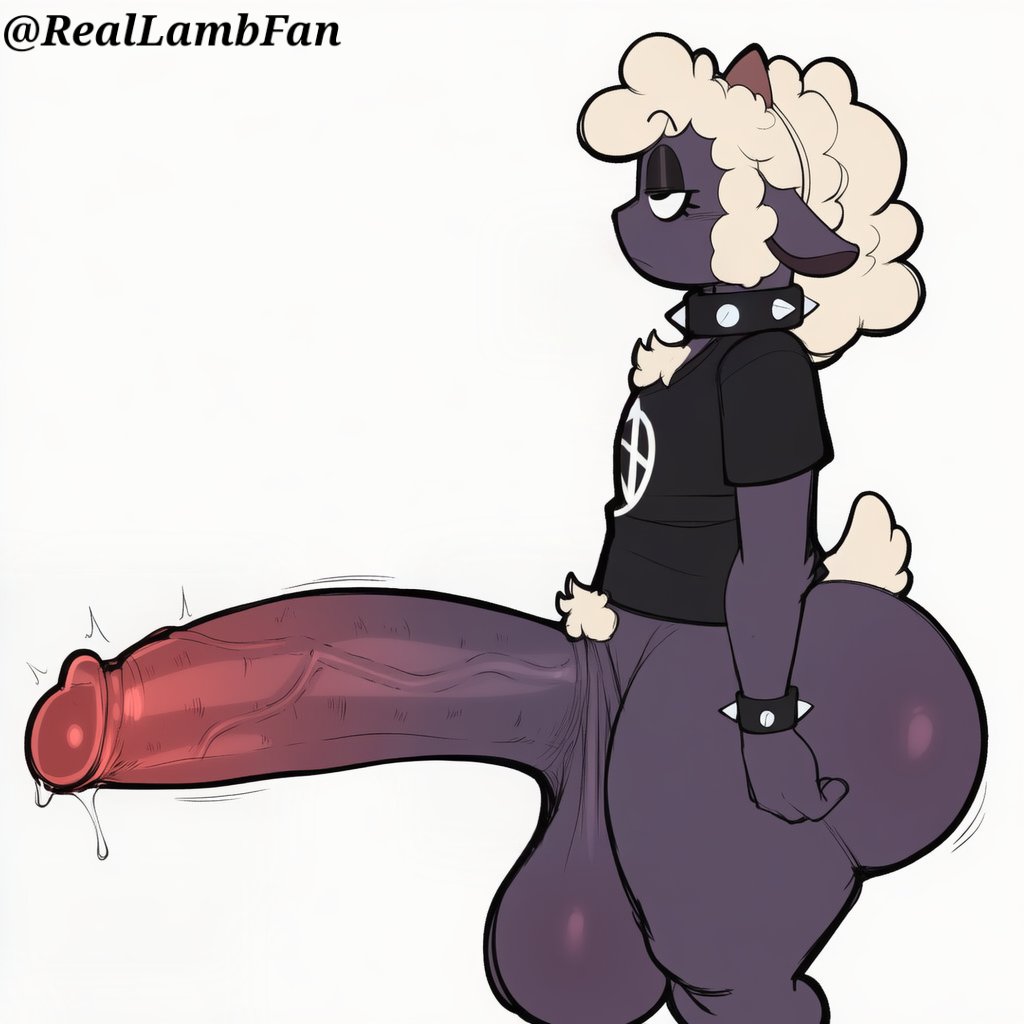 1boy, ai generated, anthro, aroused expression, ass, balls, big butt, black collar, black shirt, blush, choker, cult of the lamb, dark skin, dripping, erection, femboy, fluffy wool, from side, furry, gay, gay anal, gay male, gay sex, glistening, goth lamb (reallambfan), half lidded eyes, homosexual, homosexual male, homosexual sex, huge ass, huge balls, huge cock, hyper penis, inverted pentagram, lamb (cult of the lamb), large balls, looking down, male, male only, male penetrated, male penetrating, male/male, motion lines, penis, precum, precum drip, purple skin, reallambfan, red horns, shiny skin, short sleeves, side view, small horns, smug expression, solo, spiked bracelet, spiked collar, spikes, sweat, symbol, t shirt, testicles, thick penis, thick thighs, veiny penis, white background, white symbol, white wool, wide hips, wristband