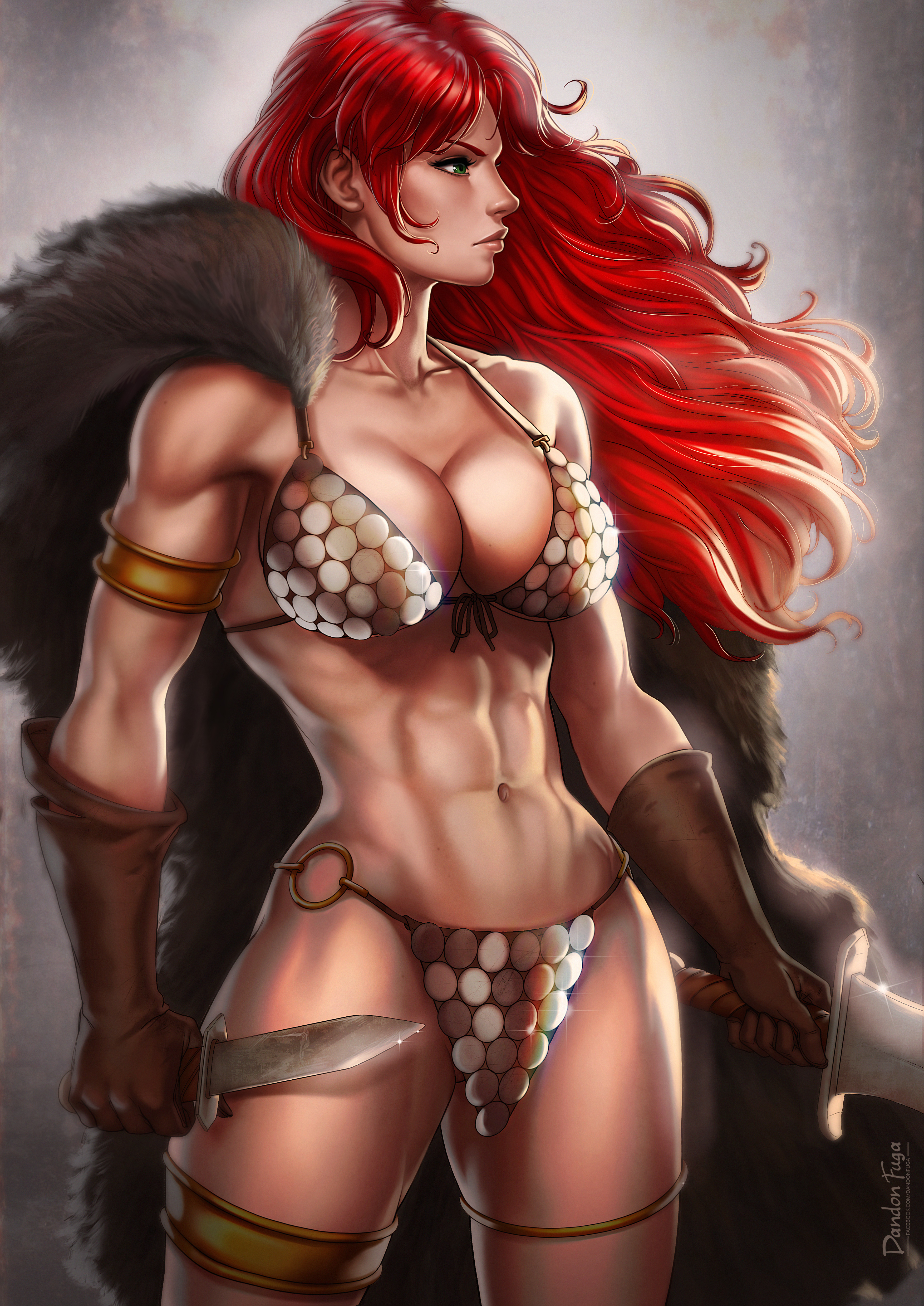 1girls, abs, absurdres, armor, bikini armor, chainmail bikini, dandon fuga, elbow gloves, female, female only, gloves, green eyes, highres, human, loincloth, long hair, marvel, marvel comics, muscular, muscular female, navel, red hair, red sonja, red sonja (comics), solo