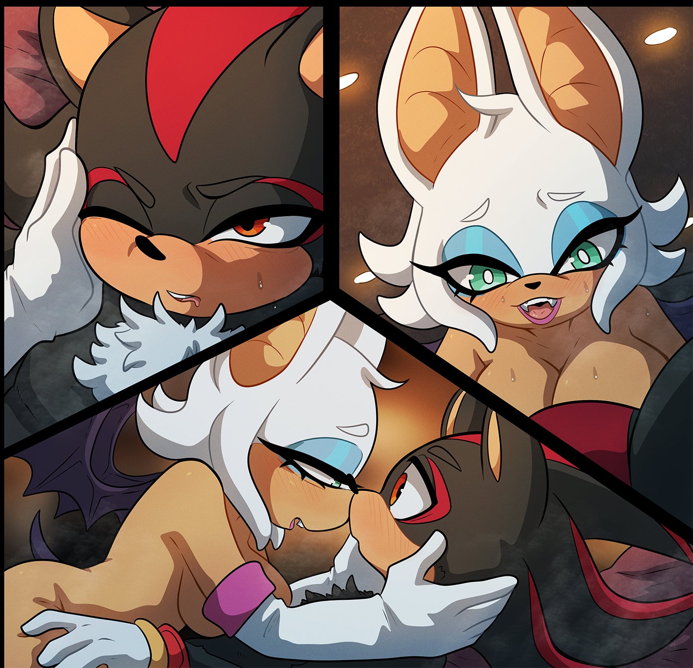 1boy, 1girls, ambiguous penetration, animal ears, anthro, anthro female, anthro male, anthro on anthro, anthro only, anthrofied, bat, bat ears, bat wings, big breasts, black fur, blue eyeshadow, blue makeup, blush, blushing, breast press, breasts, cowgirl position, duo, elbow gloves, eulipotyphlan, eyelashes, eyeshadow, female, female on top, fur, furry, furry female, furry male, furry only, gloves, green eyes, hedgehog, kinkymation, lipstick, makeup, male, male/female, mammal, multicolored fur, nude, nude female, nude male, one eye closed, pink lipstick, red eyes, red fur, rouge the bat, sega, shadow the hedgehog, sonic (series), sonic the hedgehog (series), straight, sweat, sweatdrop, sweating, tail, tan body, tan skin, tan-skinned female, two-tone hair, white fur, white gloves, wings