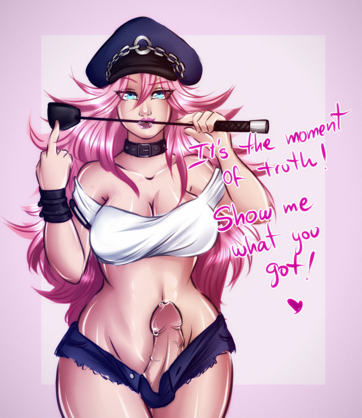 1futa, big breasts, blue eyes, breasts, choker, cleavage, crop top, cutoffs, erection, final fight, futa only, futanari, intersex, large breasts, lipstick, long hair, looking at viewer, missbehaviour, penis, penis out, pink hair, poison (final fight), precum, riding crop, saliva, shorts, solo, street fighter, text