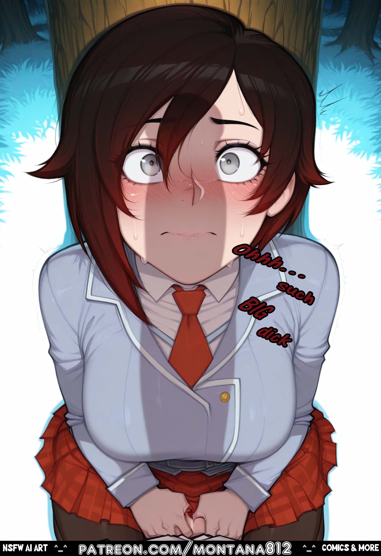 ahe gao, ai art, ai generated, angry expression, big breasts, blue shirt, breast focus, brown hair, bubble, choking on cock, cleavage, comic, comics, corruption, corruption (mind break), crying, deepthroat, degradation, dialogue, domination, drool, english, face fuck, fantasy, fear, fear expression, femsub, forced, forced oral, forced submission, forest, gag, gag reflex, glowing eyes, hand on head, huge breasts, humiliation, imminent deepthroat, imminent facefuck, imminent rape, kneeling, little slut, little whore, looking up, magic, magic circle, magical girl, magical restraint, maledom, messy hair, mind break, montana812, name calling, necktie, night, nsfw, on knees, open mouth, outdoors, pleated skirt, pov, pov crotch, pov hands, public, public humiliation, rape, red skirt, red tie, rough sex, ruby rose, rwby, sailor uniform, saliva, school uniform, shocked expression, short hair, speech, spell, spell casting, sweat, tears, text, thighhighs, throat bulge, tongue out, tree, white shirt, wide eyes, zettai ryouiki