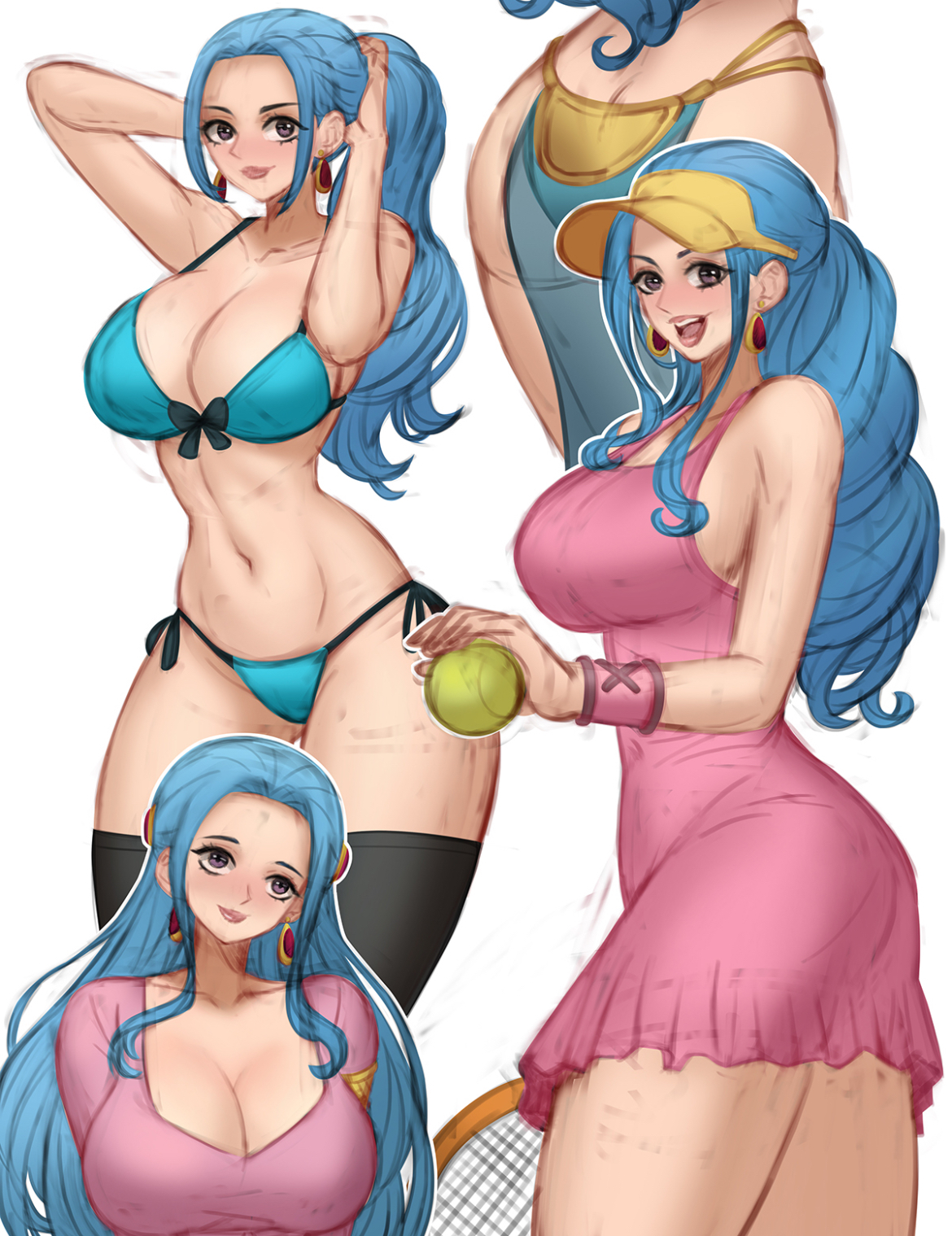 1girls, arabian clothes, ass, ass crack, ass peek, belly, belly button, big ass, big breasts, bikini, blue hair, blue-haired female, cleavage, cleavage overflow, female, female focus, female only, hips, hips wider than shoulders, kyopink, legs, long hair, nefertari vivi, one piece, pale skin, pale-skinned female, purple eyes, sideboob, solo, solo female, solo focus, thick legs, thick thighs, tiny waist, tummy, tying hair, wide hips, wide thighs