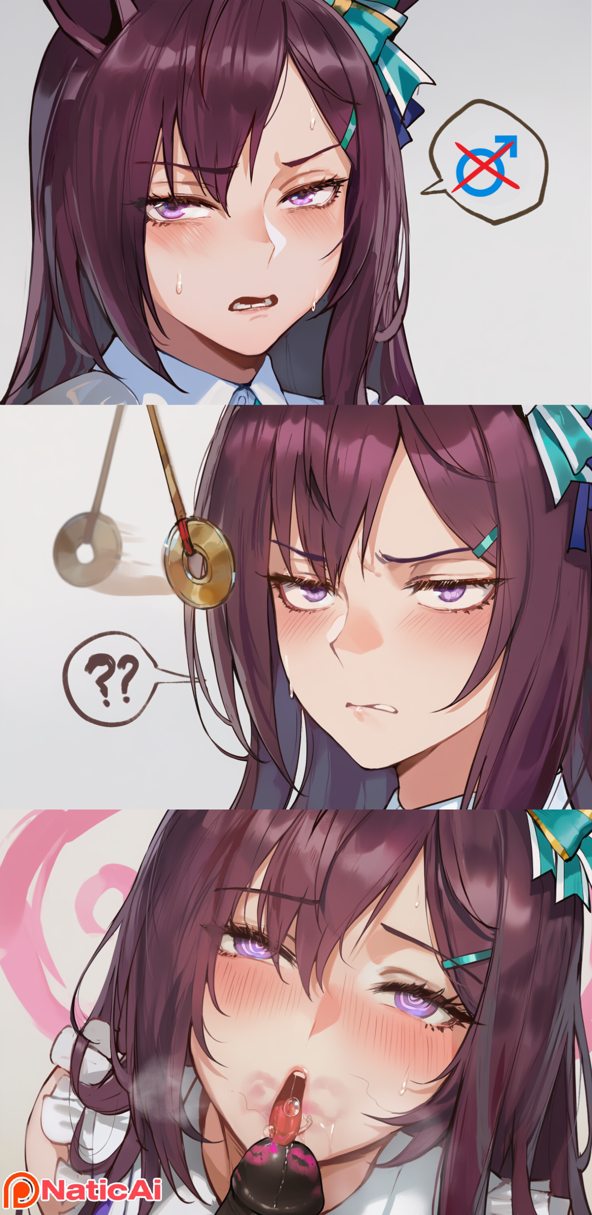 ai generated, blush, breasts, brown hair, coin, coin on string, dark brown hair, embarrassed, fellatio, female, hair ribbon, hairclip, horse ears, horse girl, horse tail, hypnosis, instant loss 2koma, kissing penis, lipstick, lipstick mark, lipstick on penis, long hair, looking at viewer, medium breasts, mejiro dober (umamusume), mind control, misandry, naticai, pendulum, precum, questionable consent, swirly eyes, umamusume, umamusume pretty derby