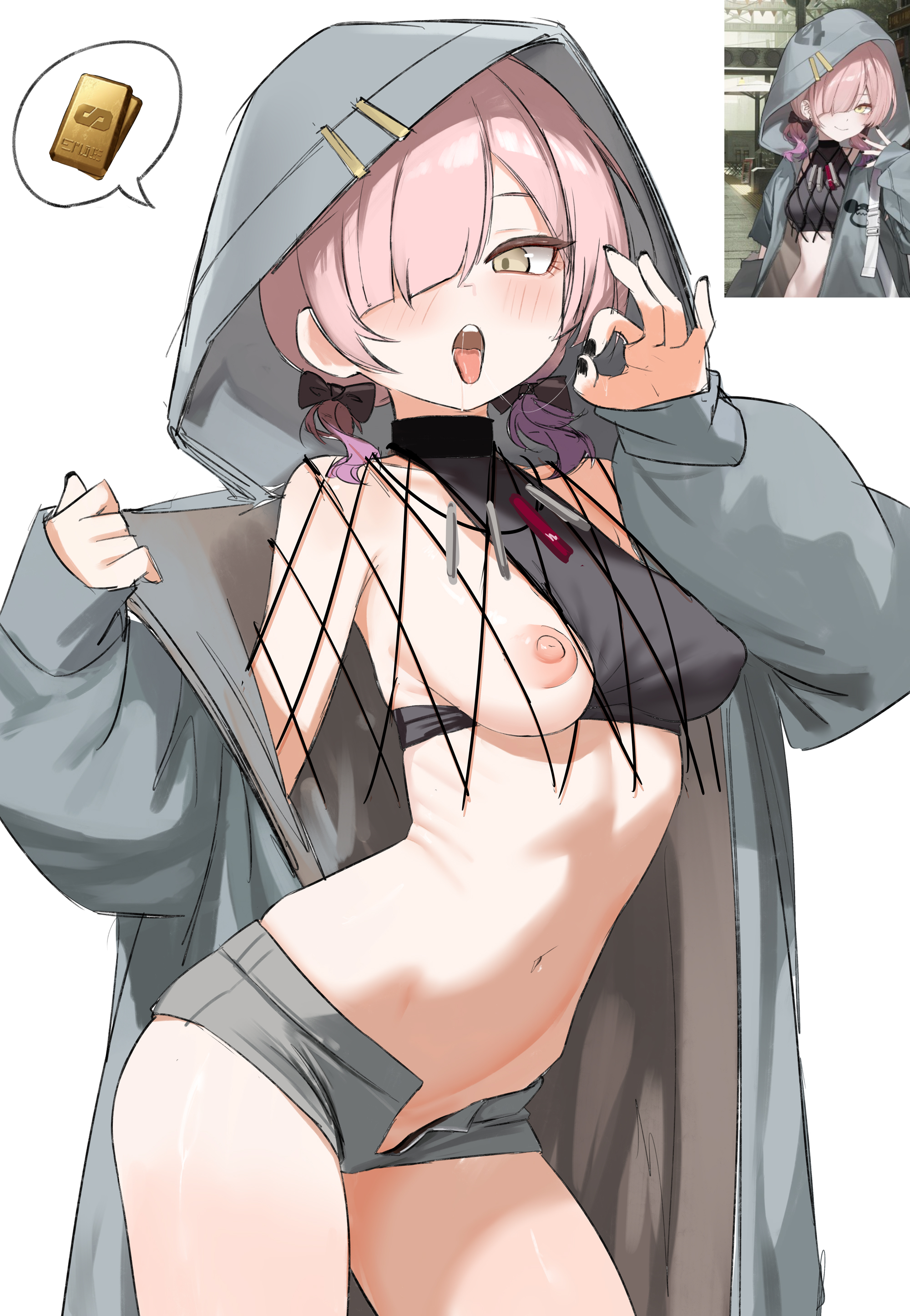 1girls, blowjob gesture, blush, breasts, breasts out, feet out of frame, fellatio gesture, female, female only, game screenshot, game screenshot inset, girls' frontline, girls' frontline 2: exilium, hoodie, looking at viewer, medium breasts, necklace, nipples, one breast out, open clothes, open fly, open jacket, open mouth, pink hair, prostitution, saliva, saliva trail, shenqi xiaohuang, shorts, speech bubble, standing, tongue, tongue out, twintails, yellow eyes, zoe sable
