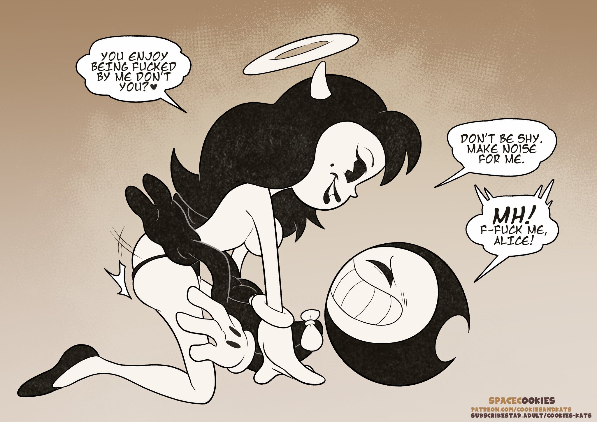 alice angel, anal sex, angel, bean smile, begging for more, bendy, bendy and the dark revival, bendy and the ink machine, bendy the dancing demon, black body, boner, bow tie, breasts, cartoony, clowndevil, demon, dialogue, female penetrating, female penetrating male, gloves, halo, looking at another, male penetrated, male/female, mascot horror, pegging, pegging male, penis, pleasure, rubberhose, simple background, smile, spacec00kies, strap-on, teeth, toony