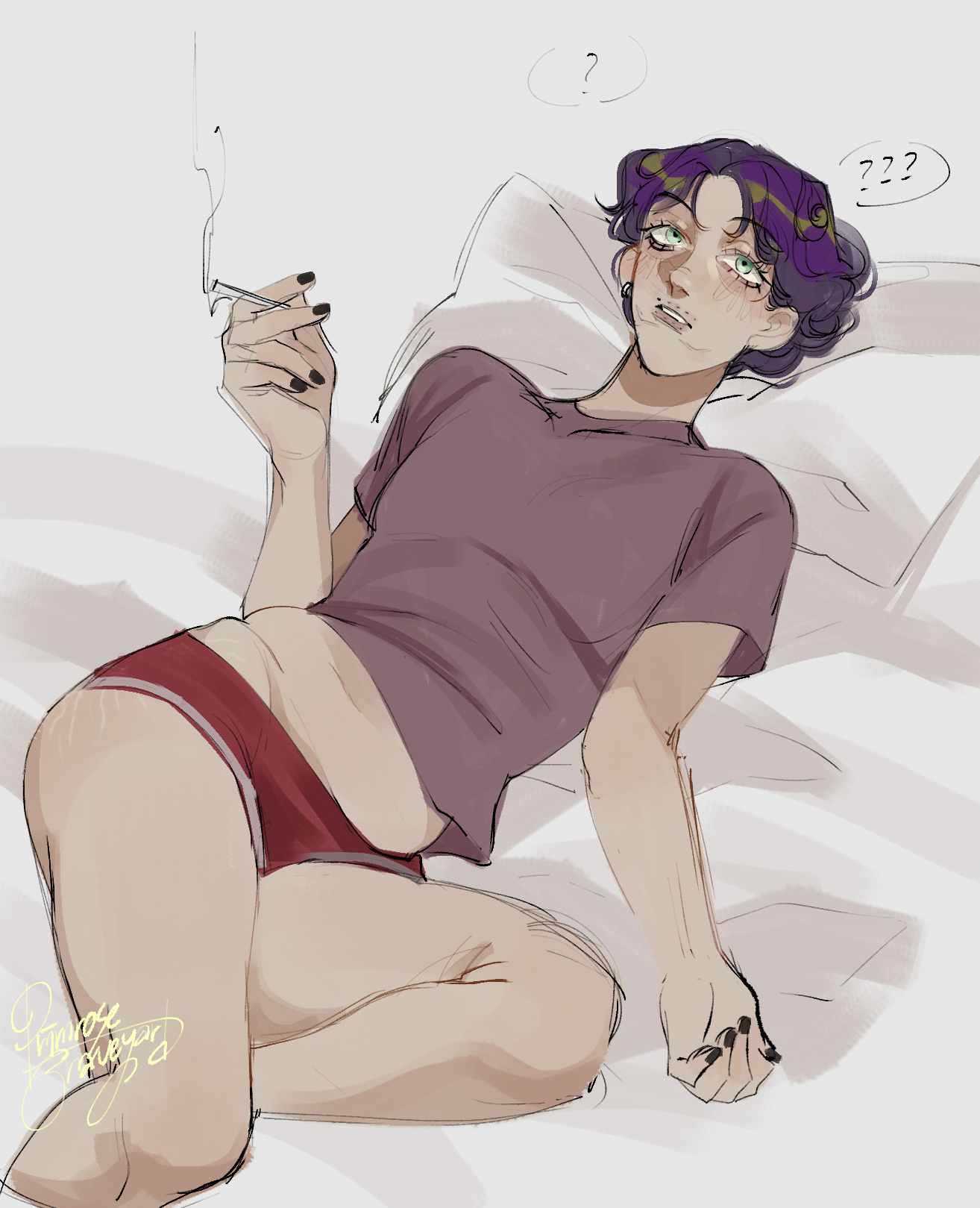 blush, cigarette, green eyes, male, male only, nail polish, no, i'm not a human, on back, on bed, primroses grave, purple hair, slightly chubby, slightly chubby male, smoking, solo, stretch marks, underwear, wireface (no, i'm not a human)